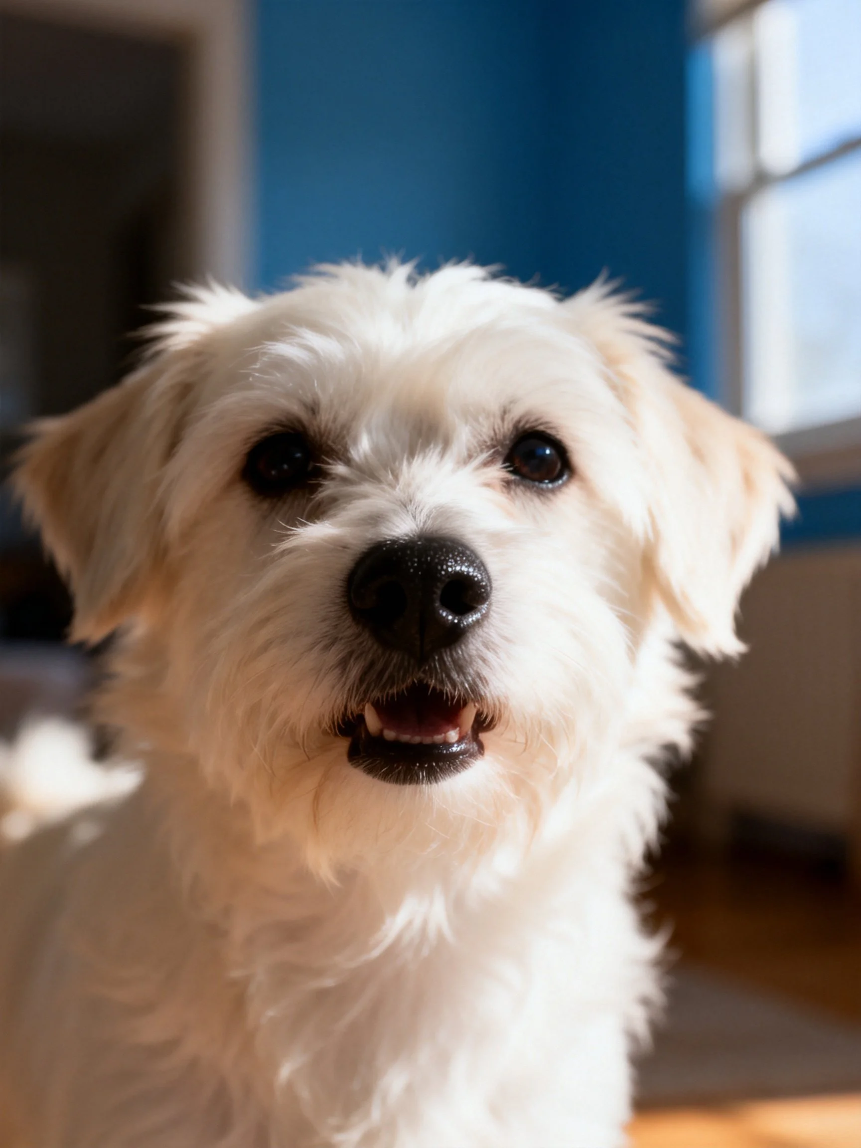 A fluffy white dog with a black nose looks directly at the camera.