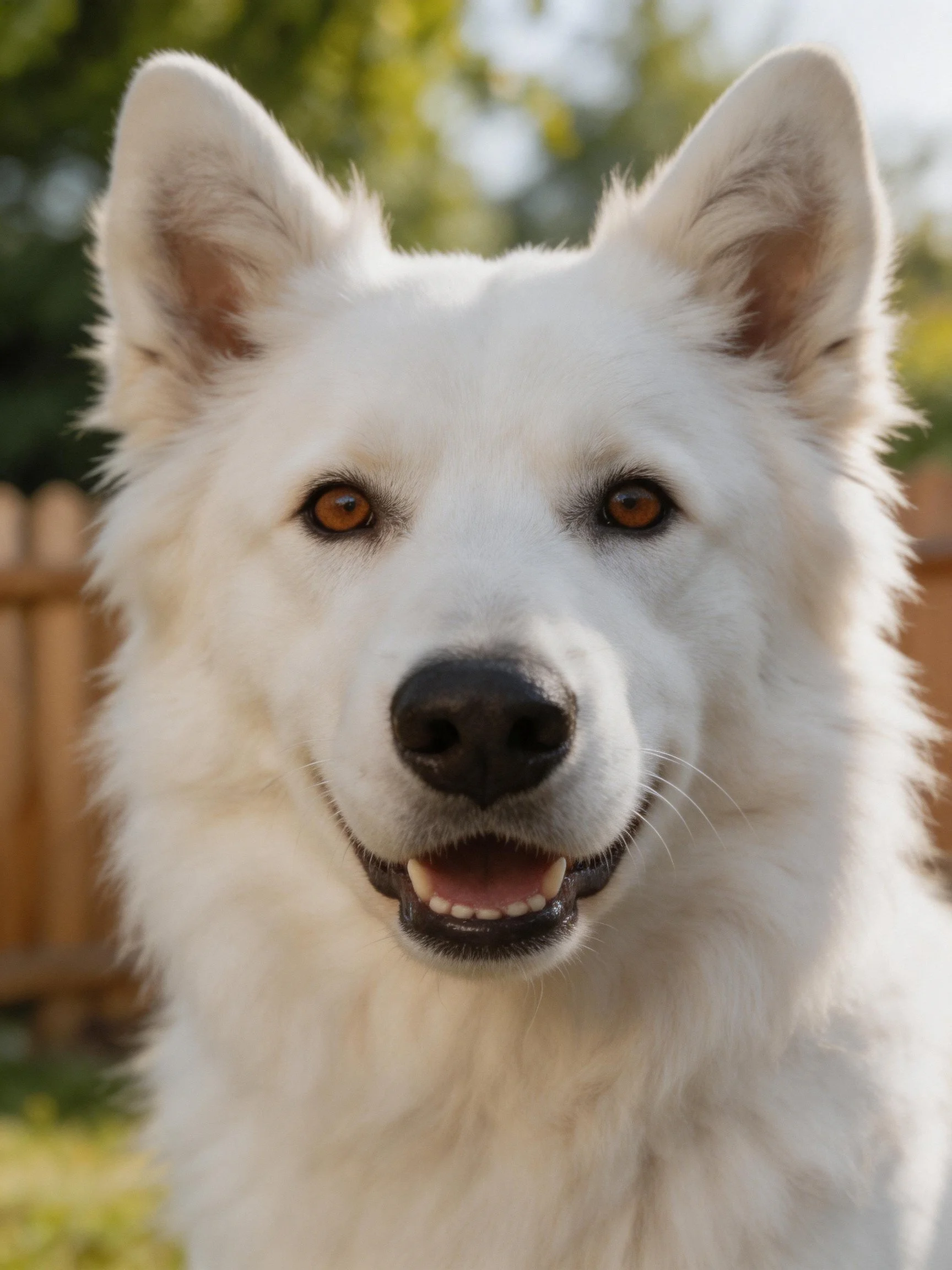 A cheerful fluffy white dog with brown eyes is shown in a close - up.