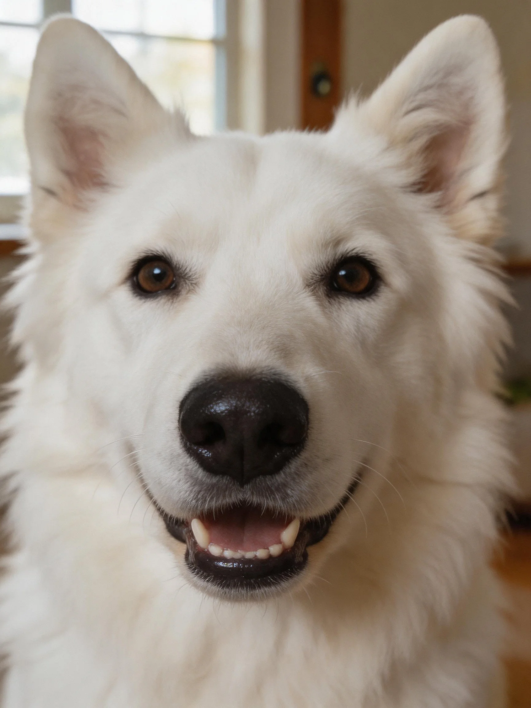 A close - up of a happy white dog with brown eyes