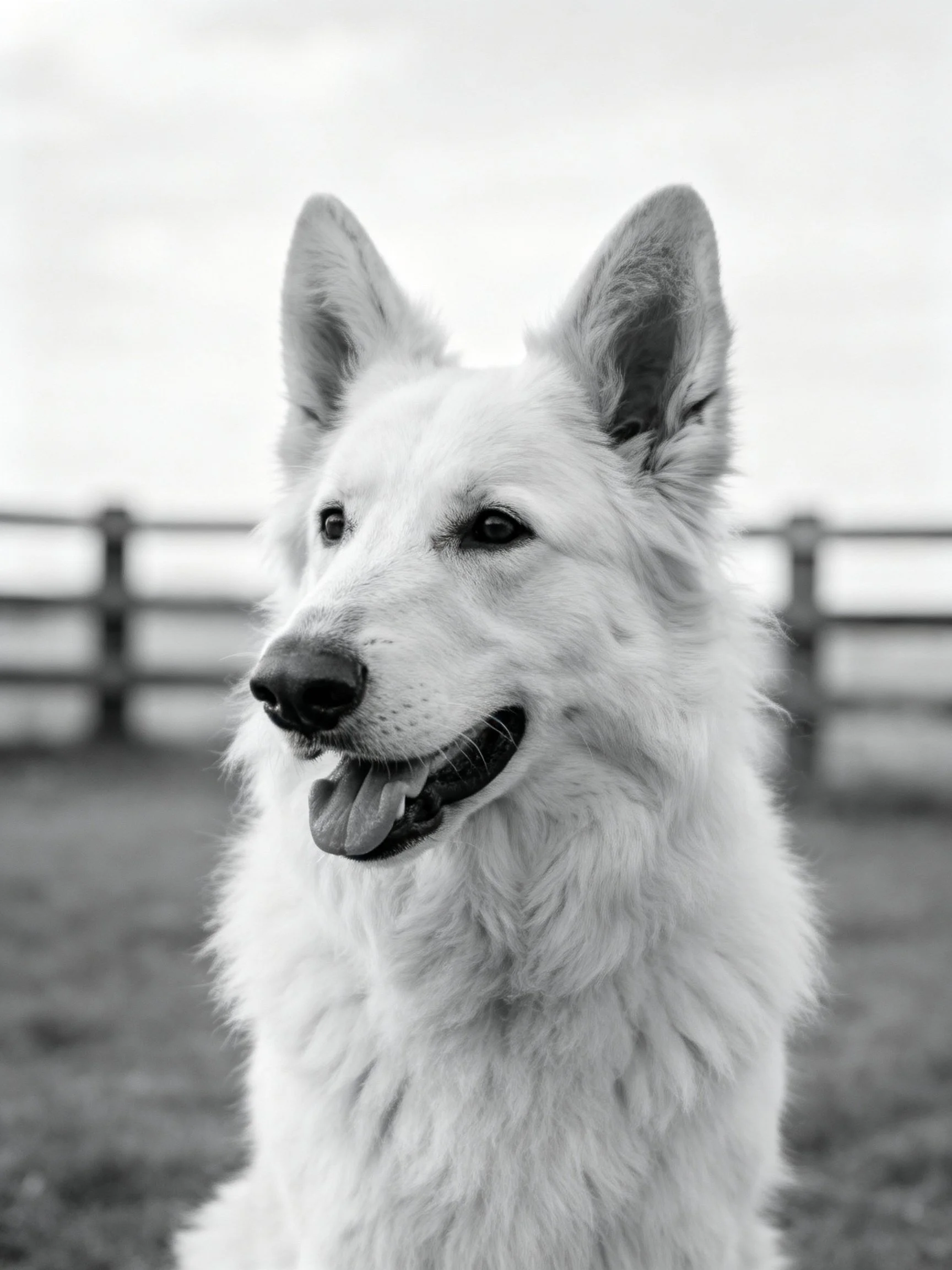 A close - up depicts a fluffy white dog with upright ears in an outdoor area.