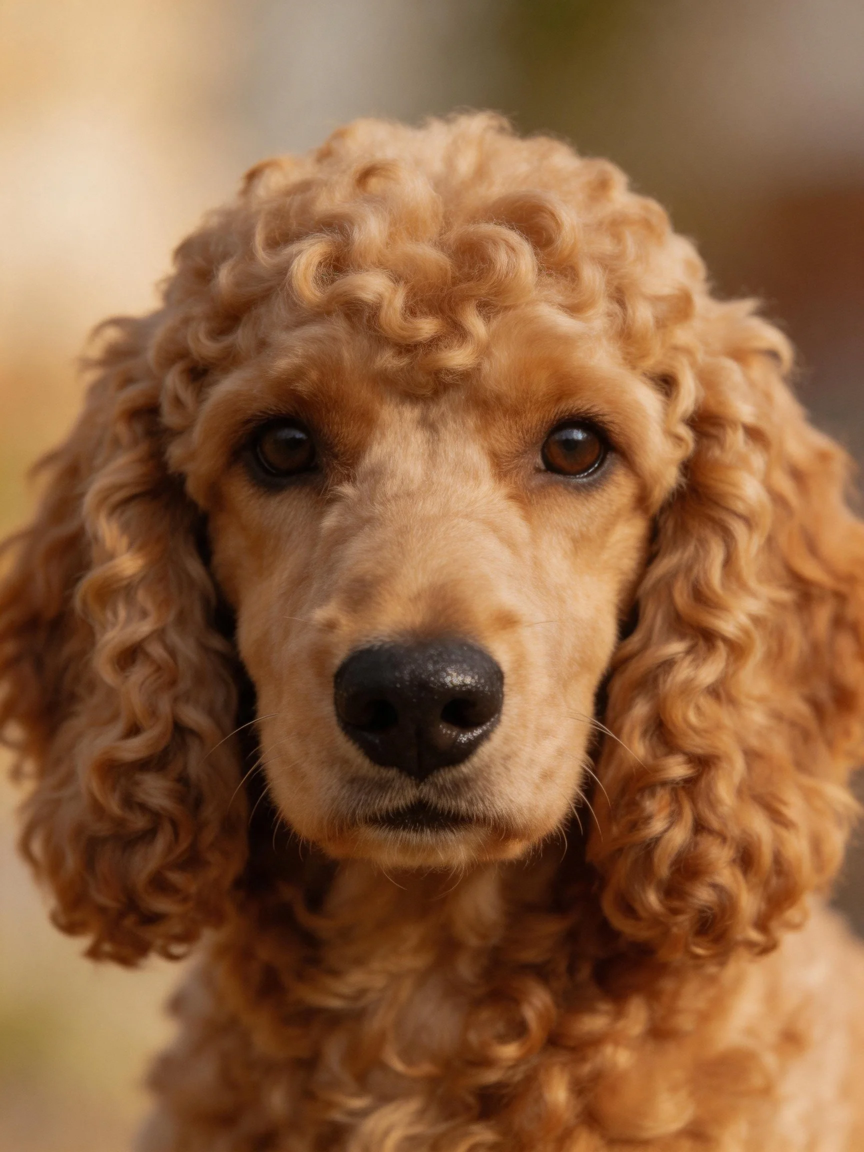 A close-up of a golden-brown poodle with curly fur