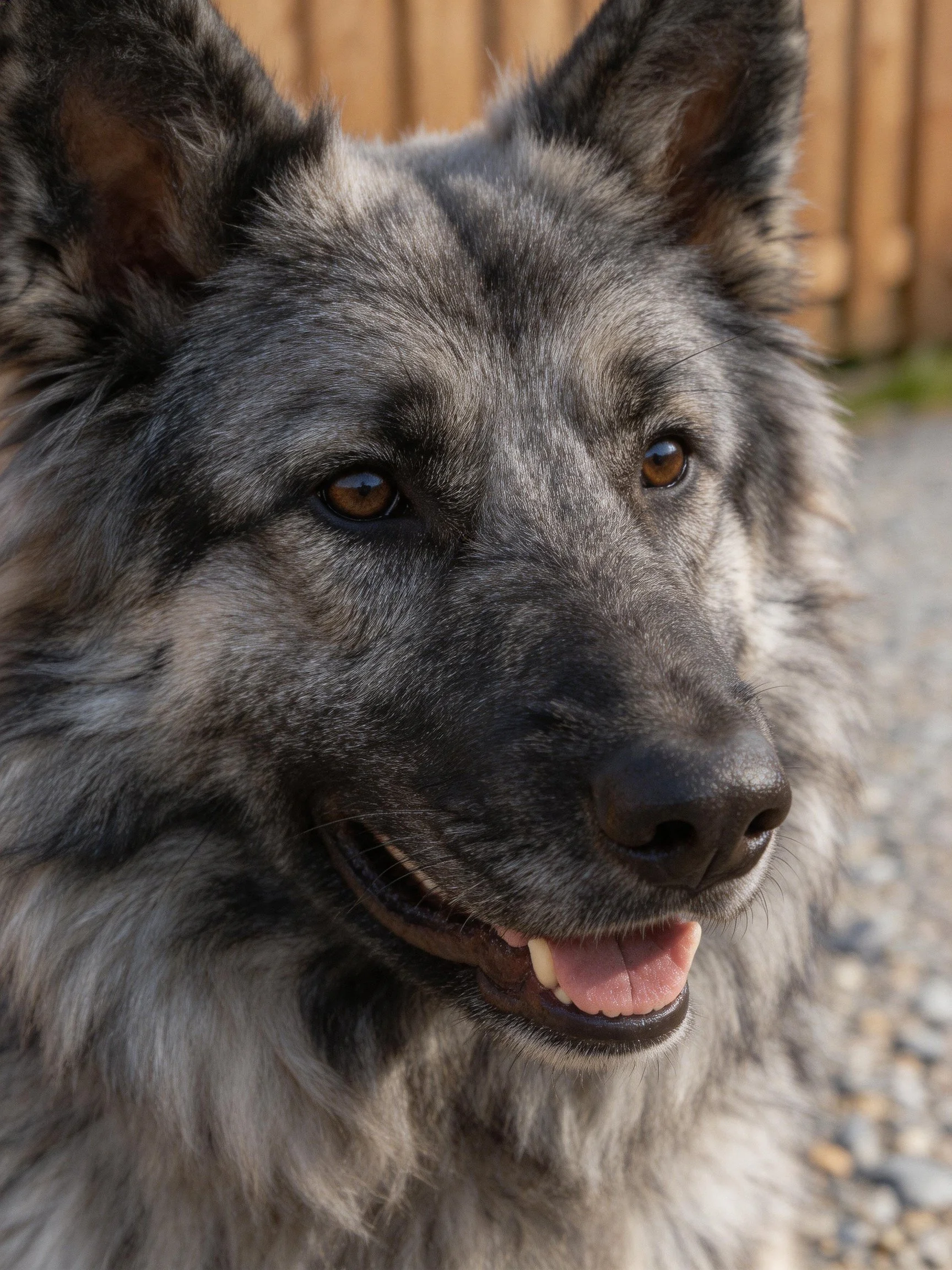A gray and black fluffy dog with brown eyes is photographed up close.