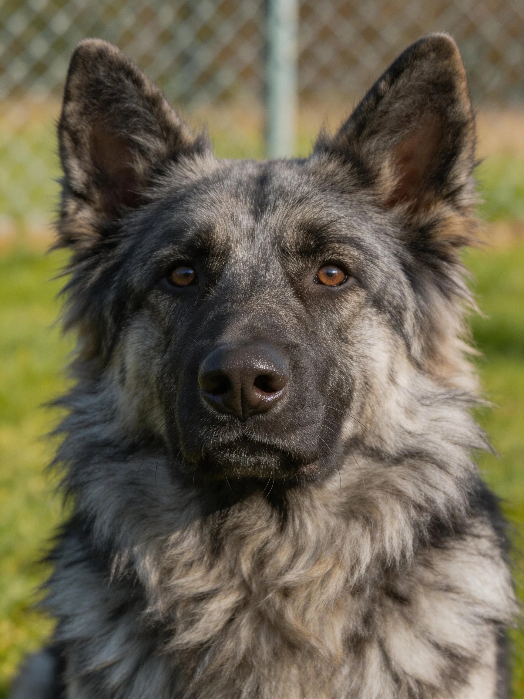 A close - up of a gray and black fluffy dog with upright ears in an outdoor setting.