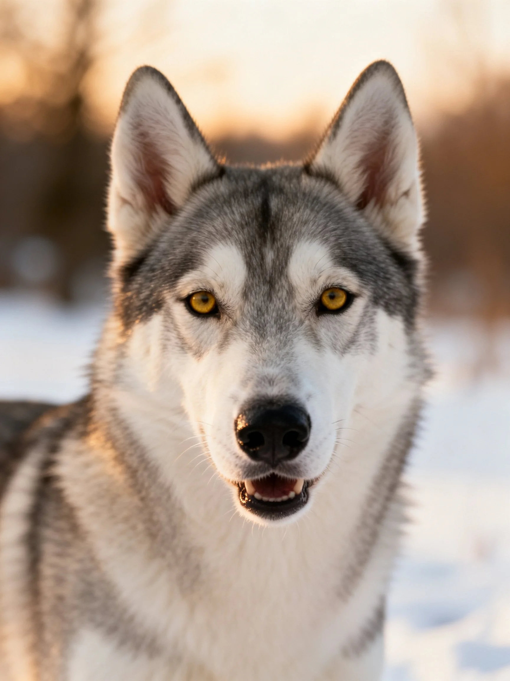 A gray and white husky with yellow eyes stands in a snowy outdoor setting.