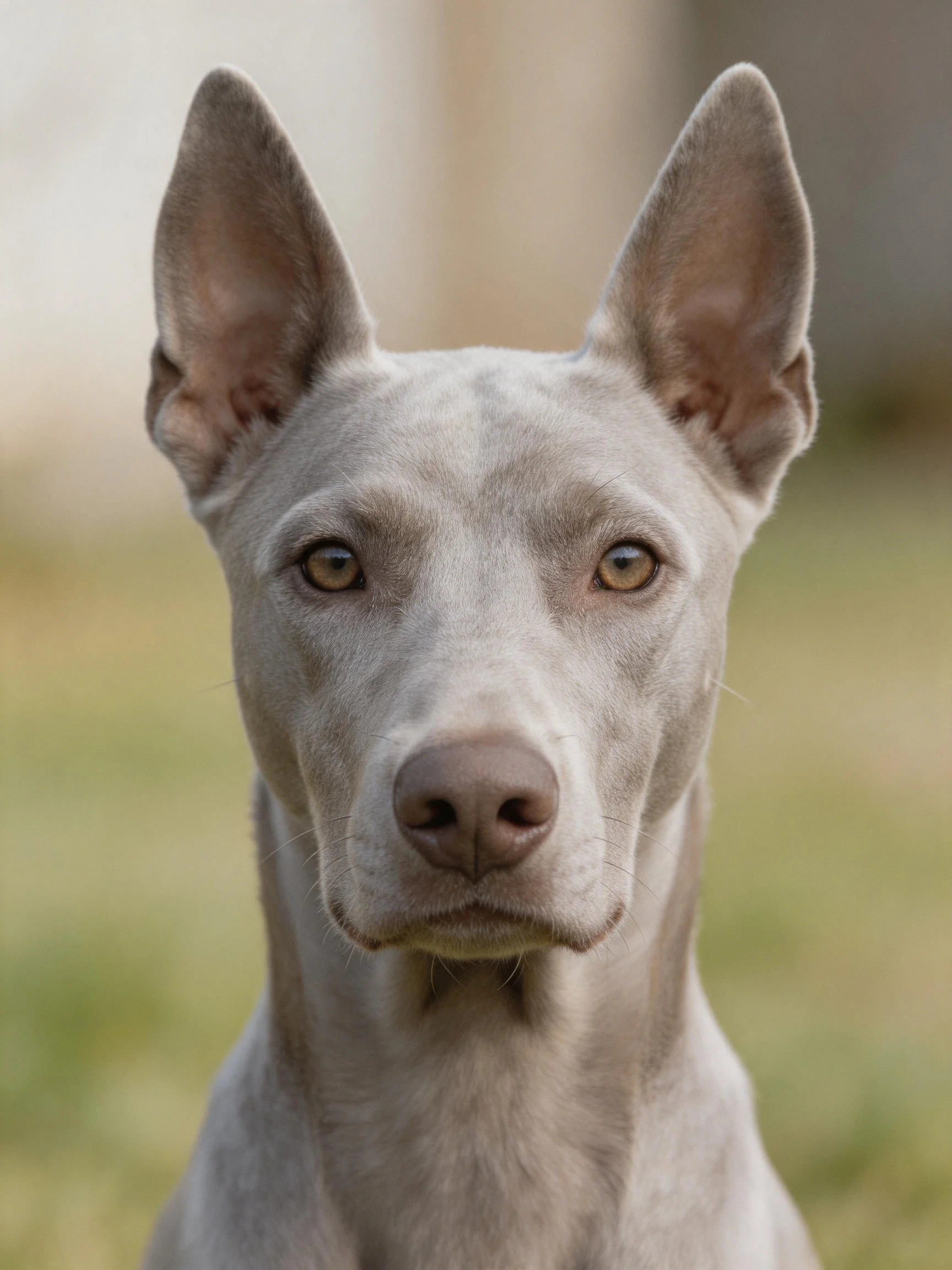 A close-up of a gray-coated dog with upright ears