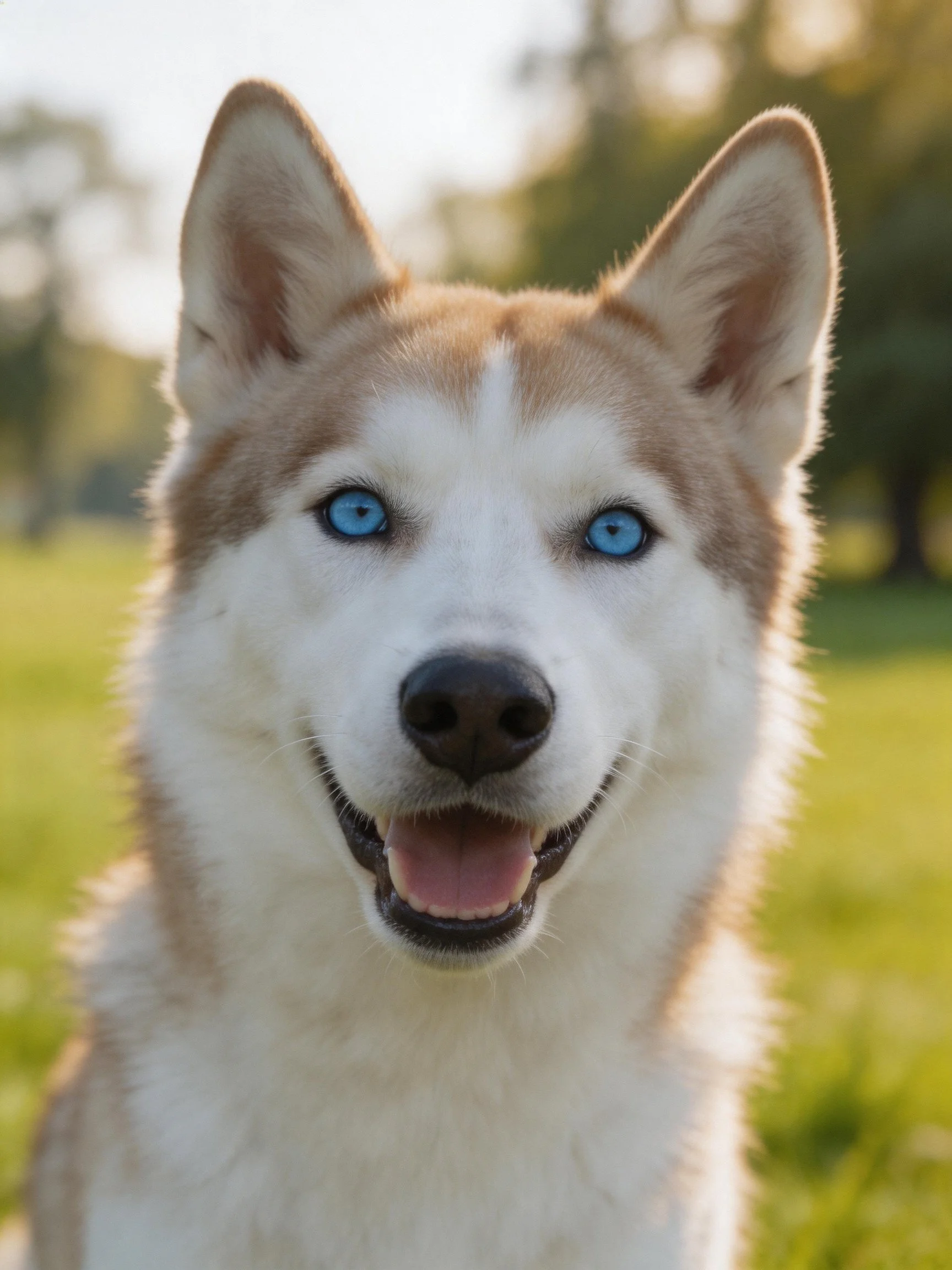 A close - up of a happy husky with blue eyes in a sunny outdoor setting