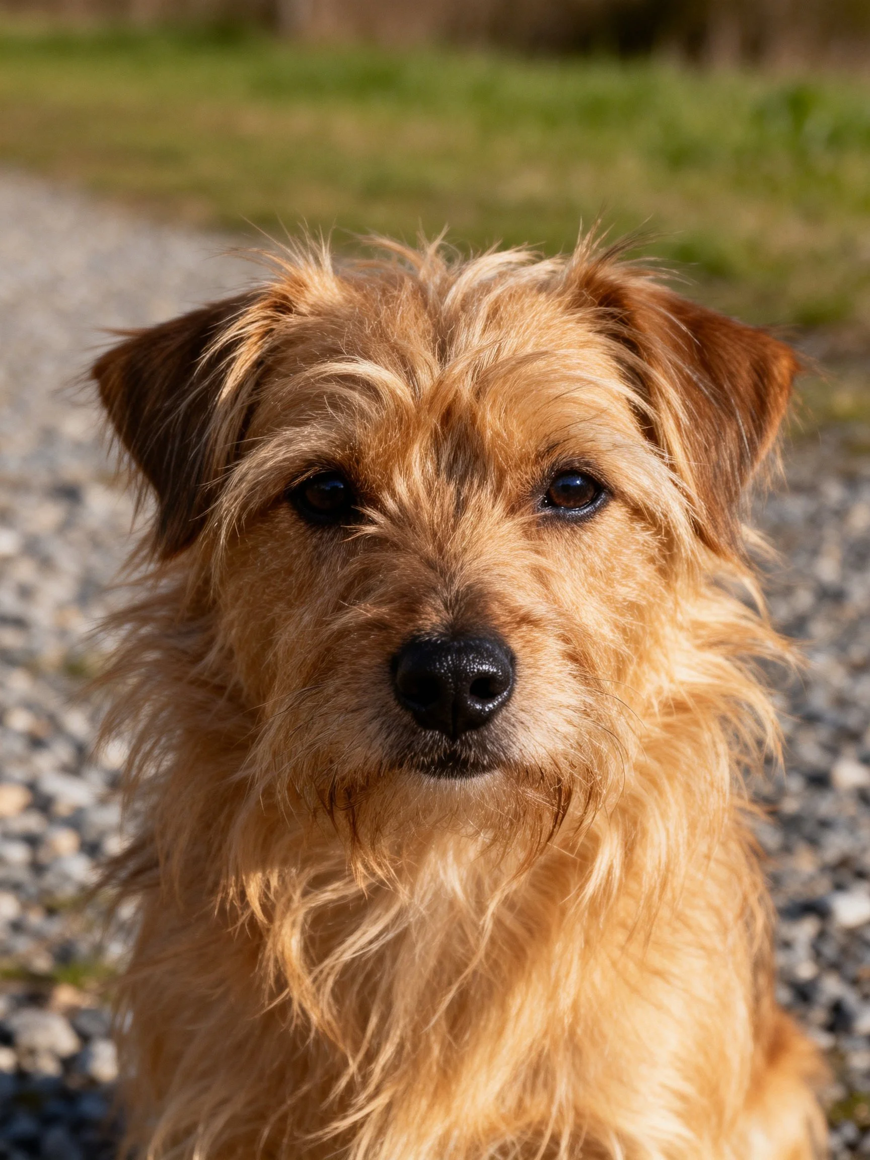 A close - up shows a light brown shaggy dog sitting on a gravel path.