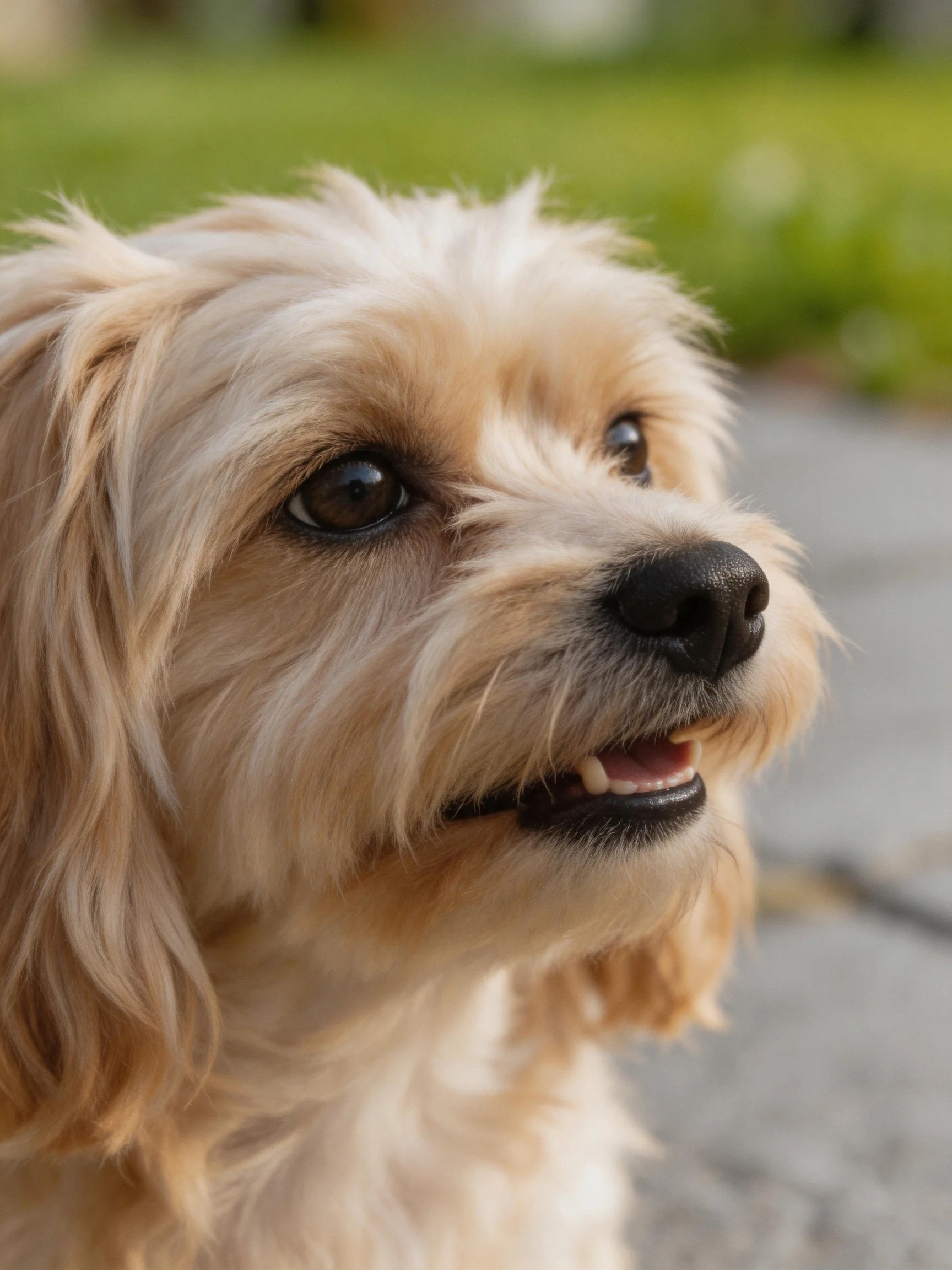 A close - up shows a light - colored fluffy dog with dark eyes in an outdoor setting.