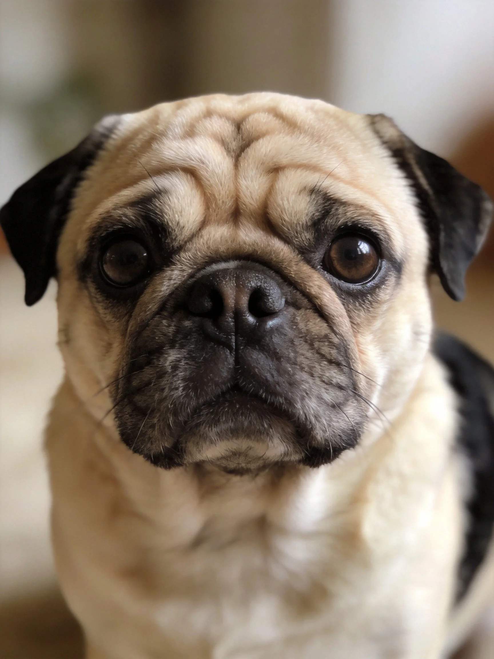 A close-up of a pug displaying its characteristic facial features.