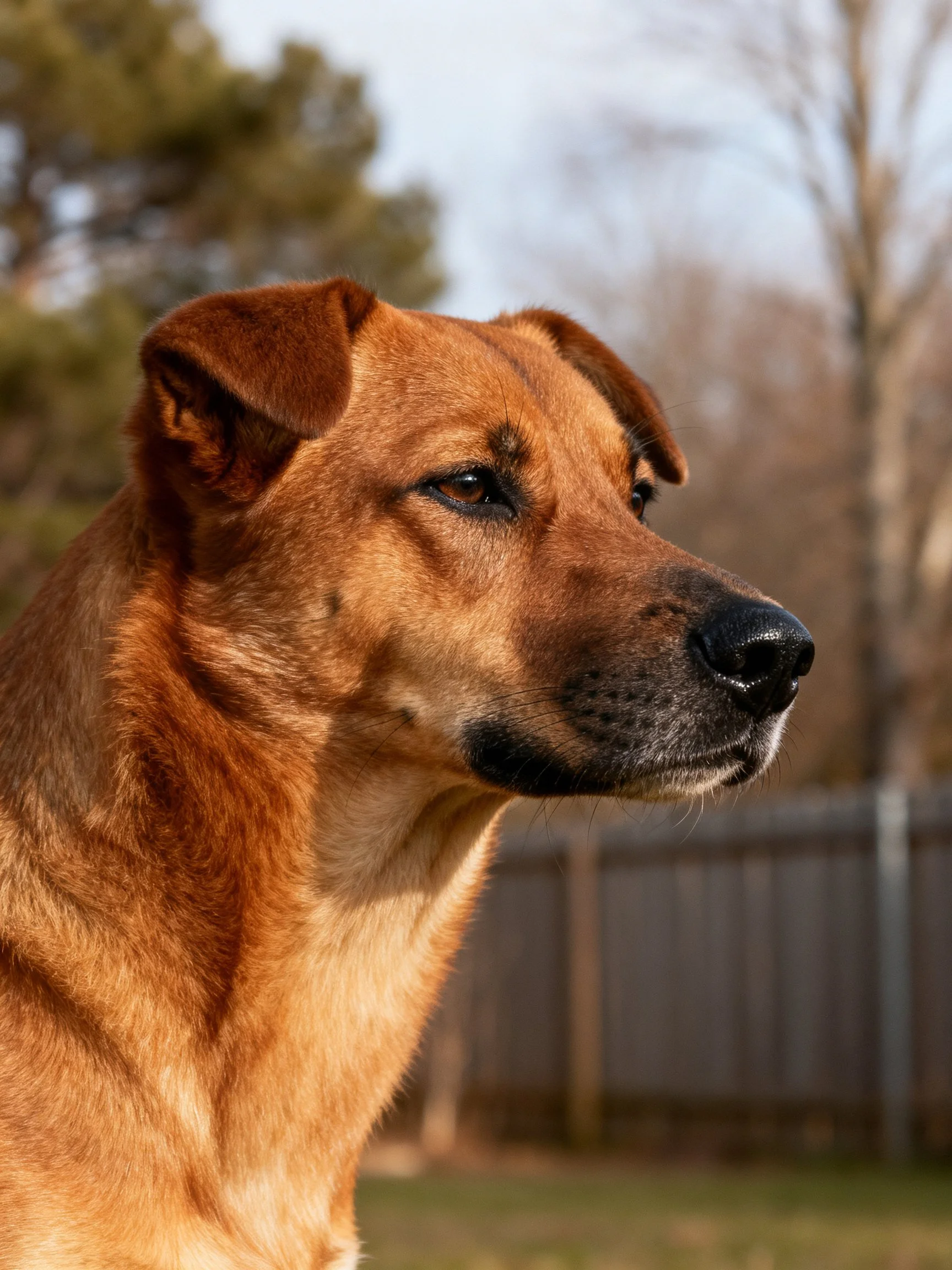 A close - up of a reddish - brown dog near a wooden fence