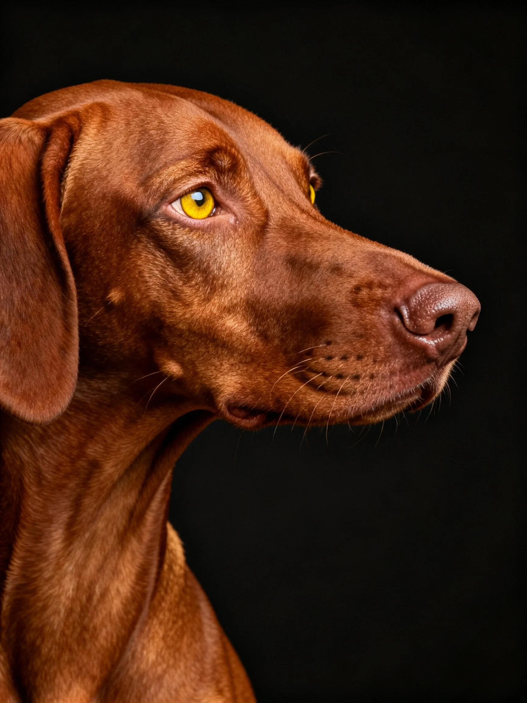 A close-up of a reddish-brown dog showing vivid yellow eyes