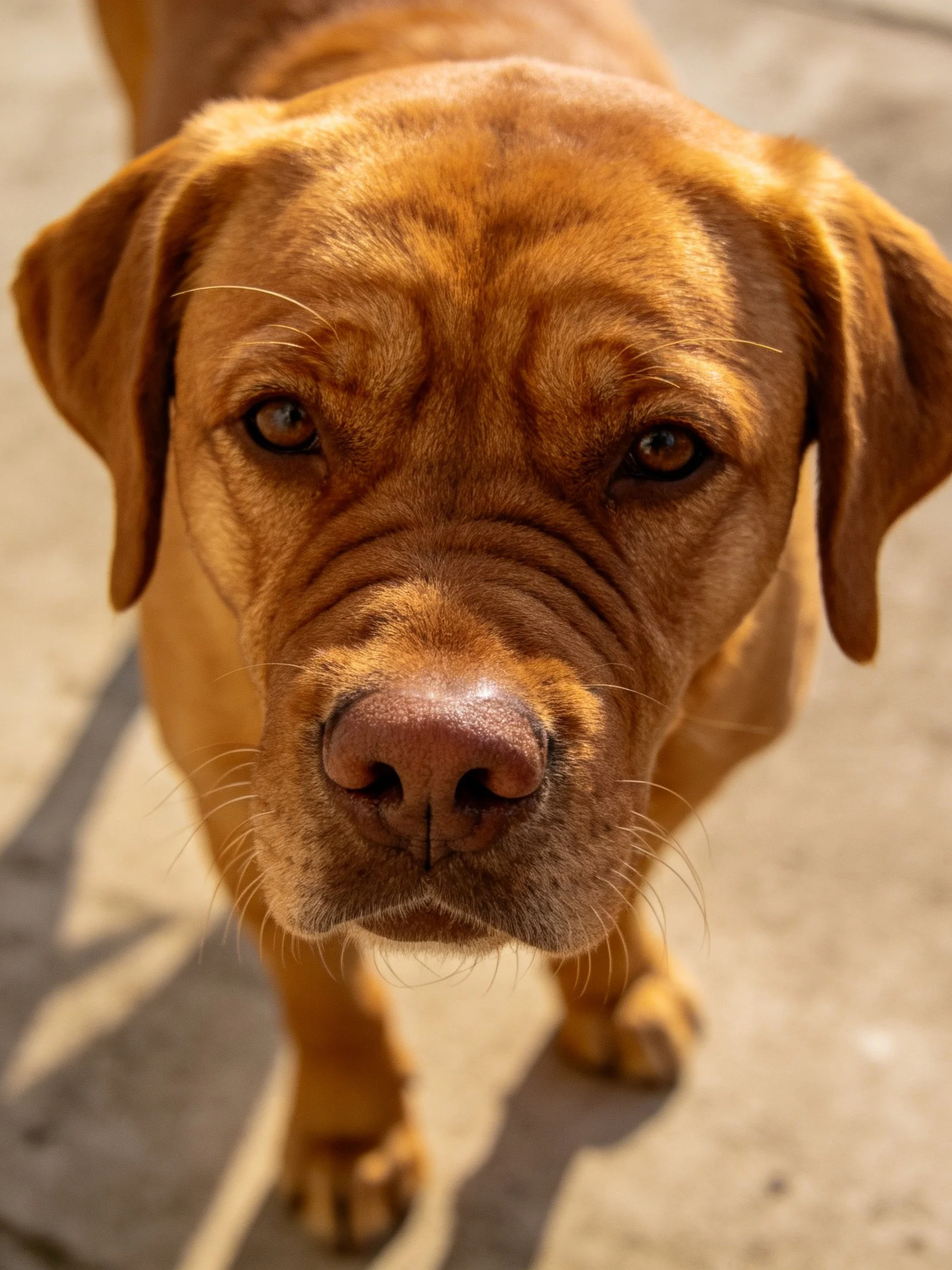 A close - up of a reddish - brown dog with a smooth coat