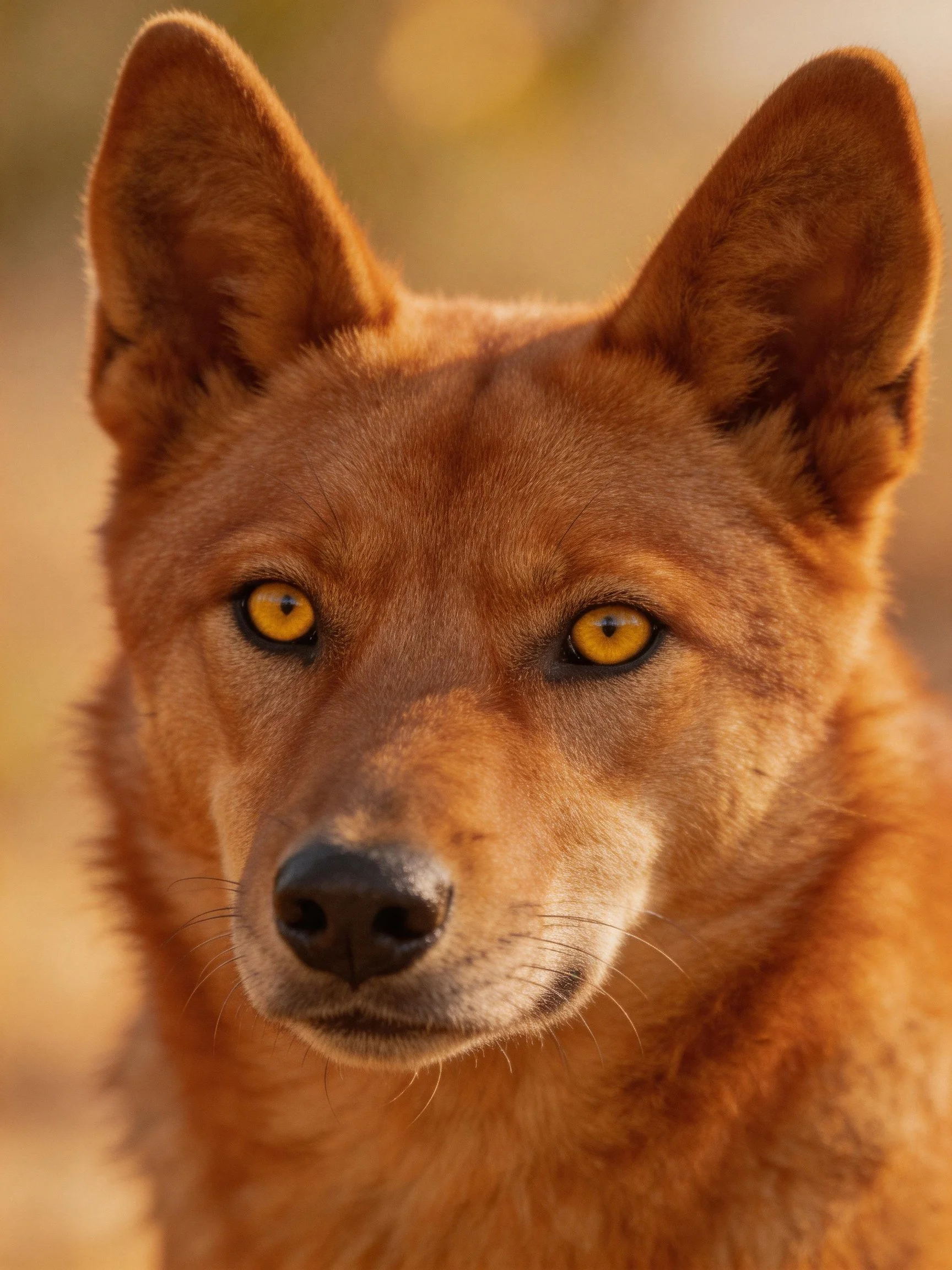 A close-up shows a reddish-brown dog with striking yellow eyes.