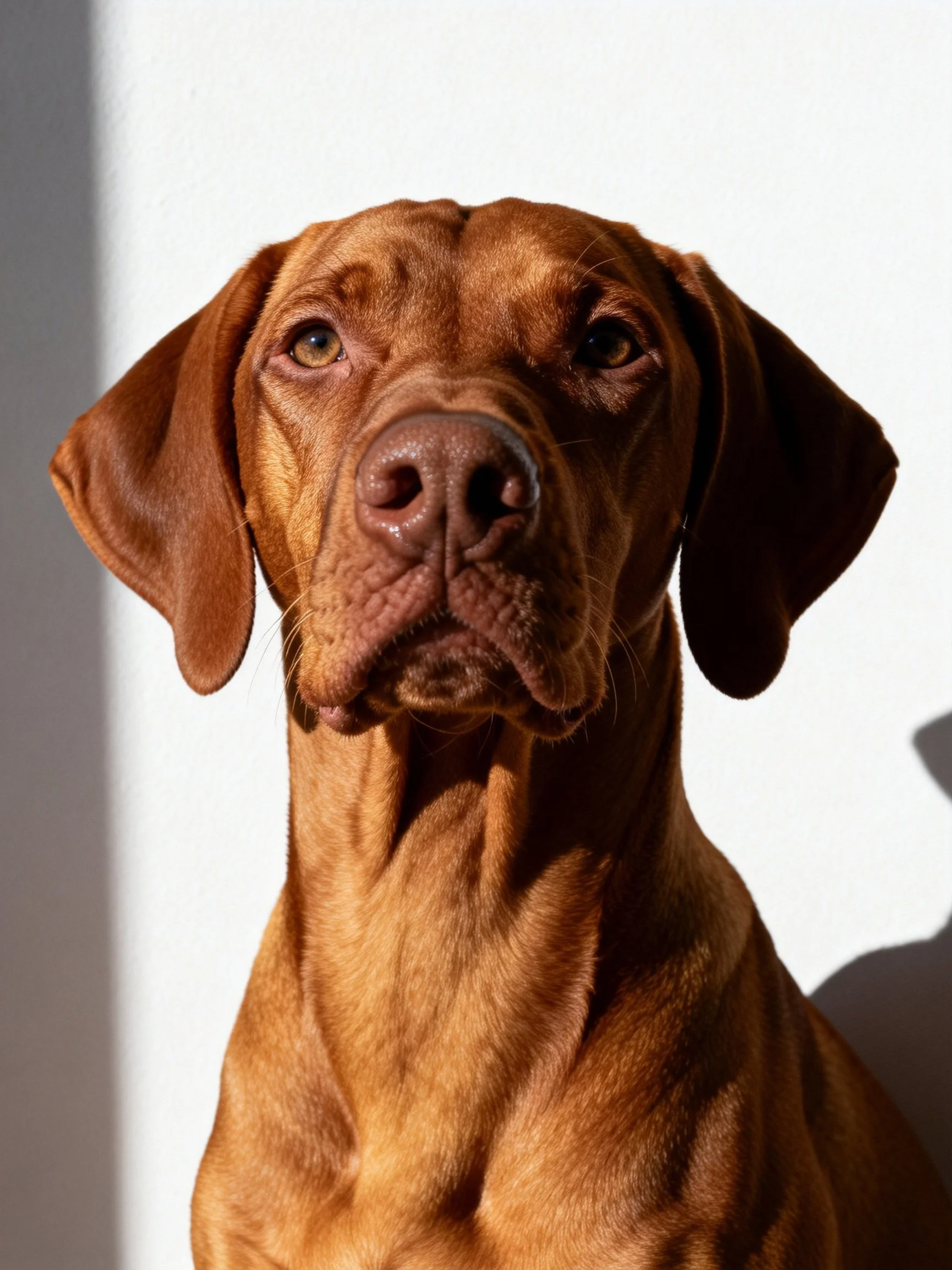 A reddish-brown dog with large floppy ears is photographed up close against a plain white backdrop.
