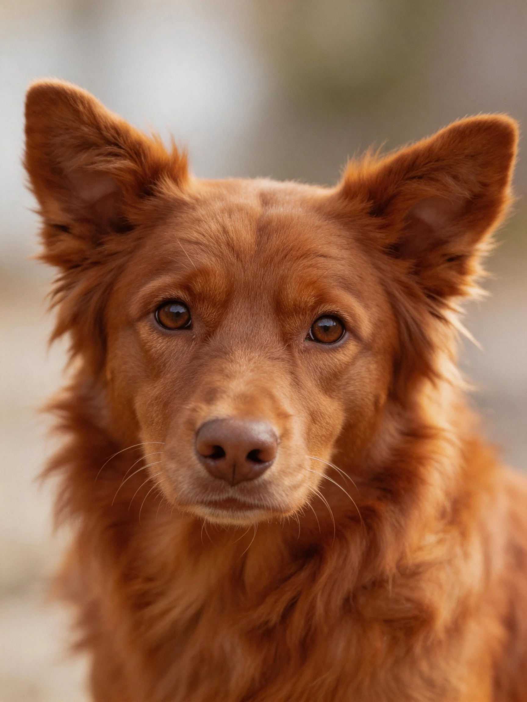 A reddish-brown dog with upright ears is shown in a close-up photograph.