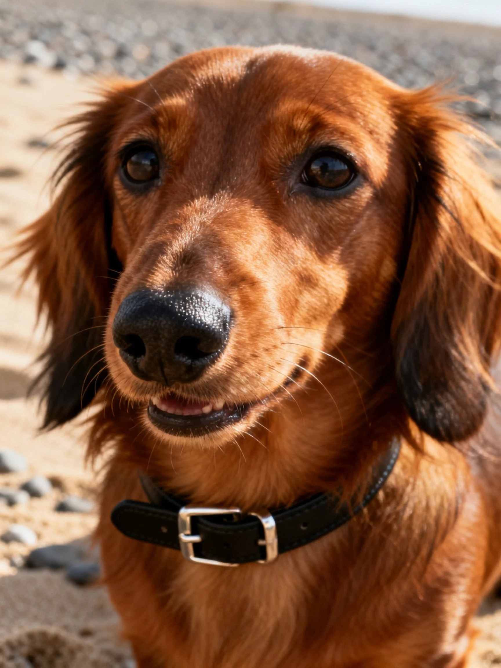 A close - up of a reddish - brown long - haired dachshund on sandy ground