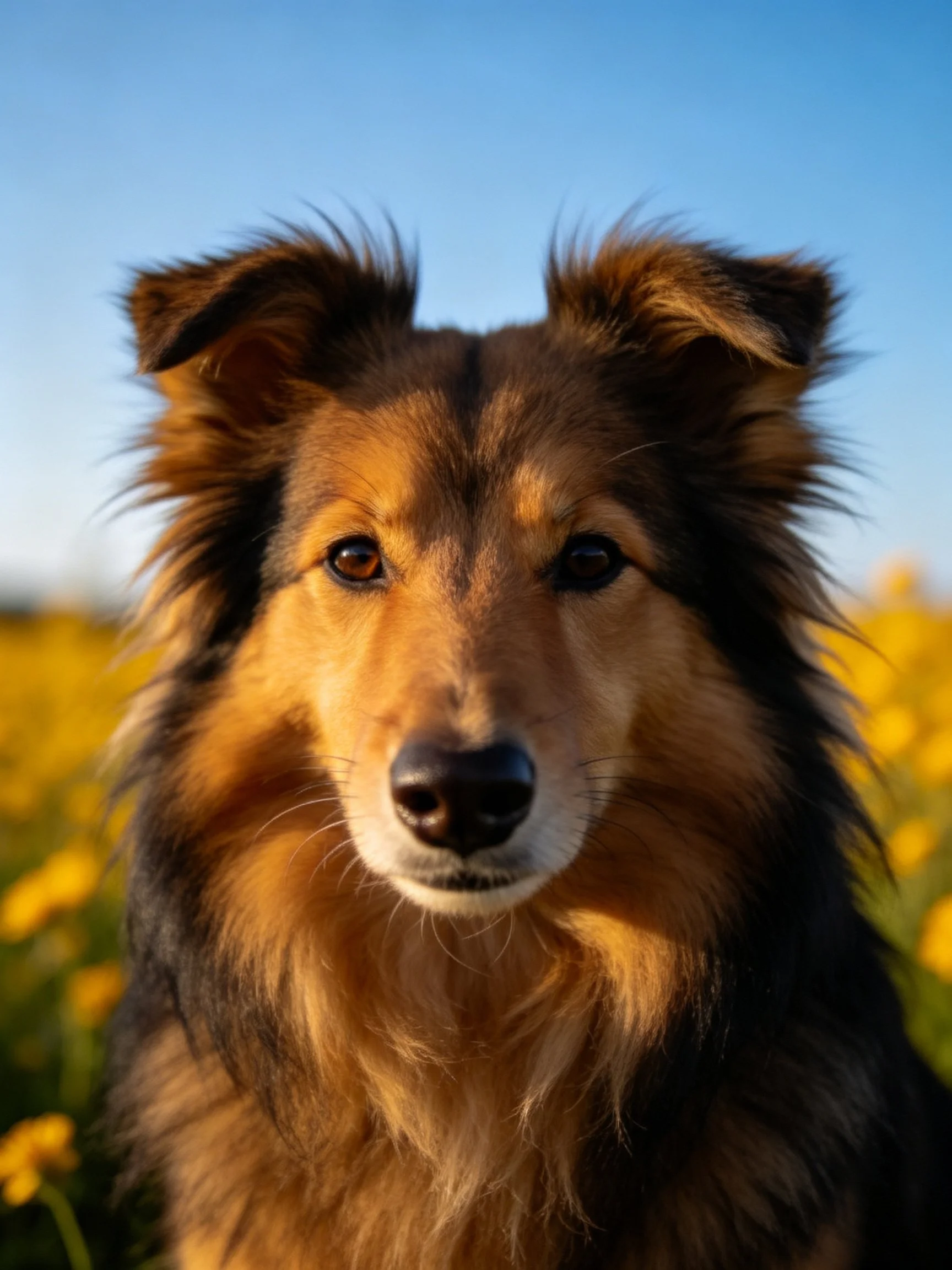 A shaggy brown and black dog is photographed near yellow flowers with a clear blue sky.