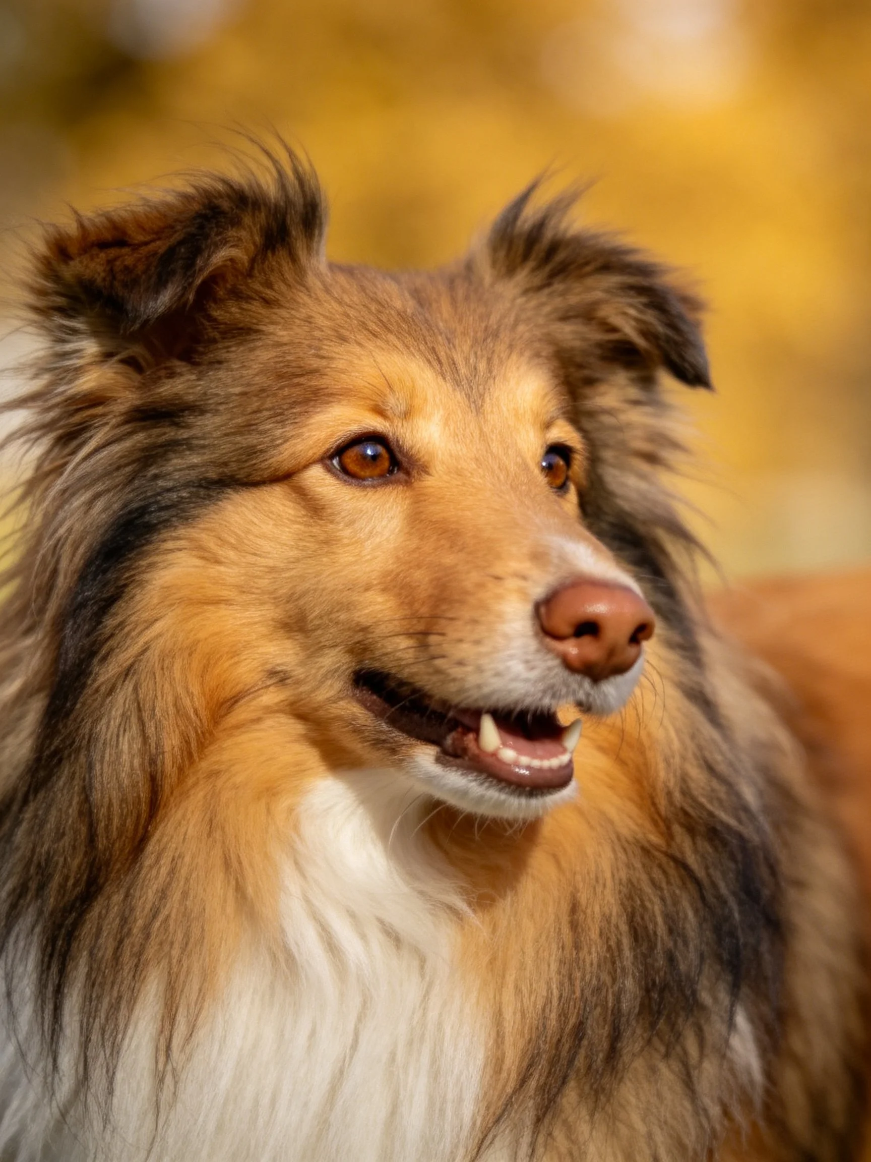 A shaggy collie with brown and white fur is photographed up close.