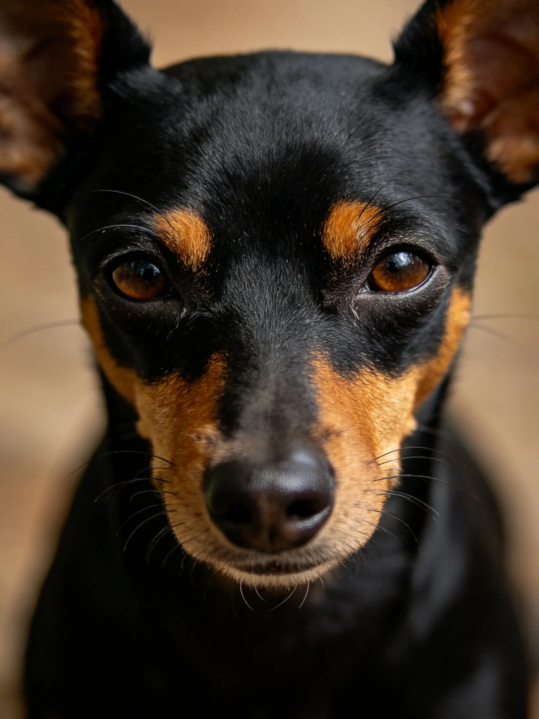 A small black and tan dog gazes directly at the viewer.