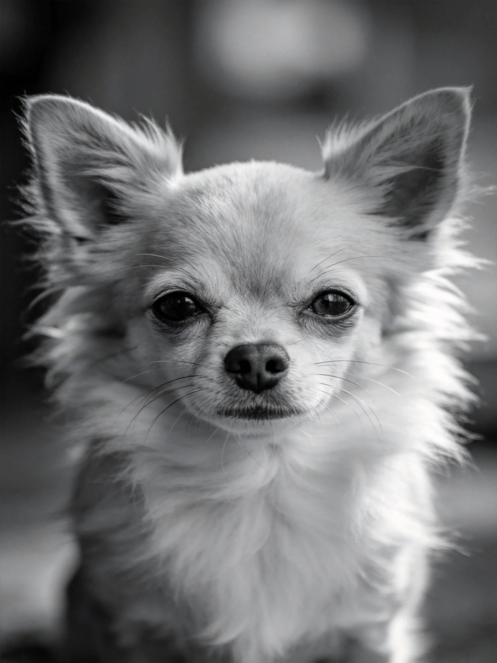A small dog with long fur is shown in a close - up black and white photo.