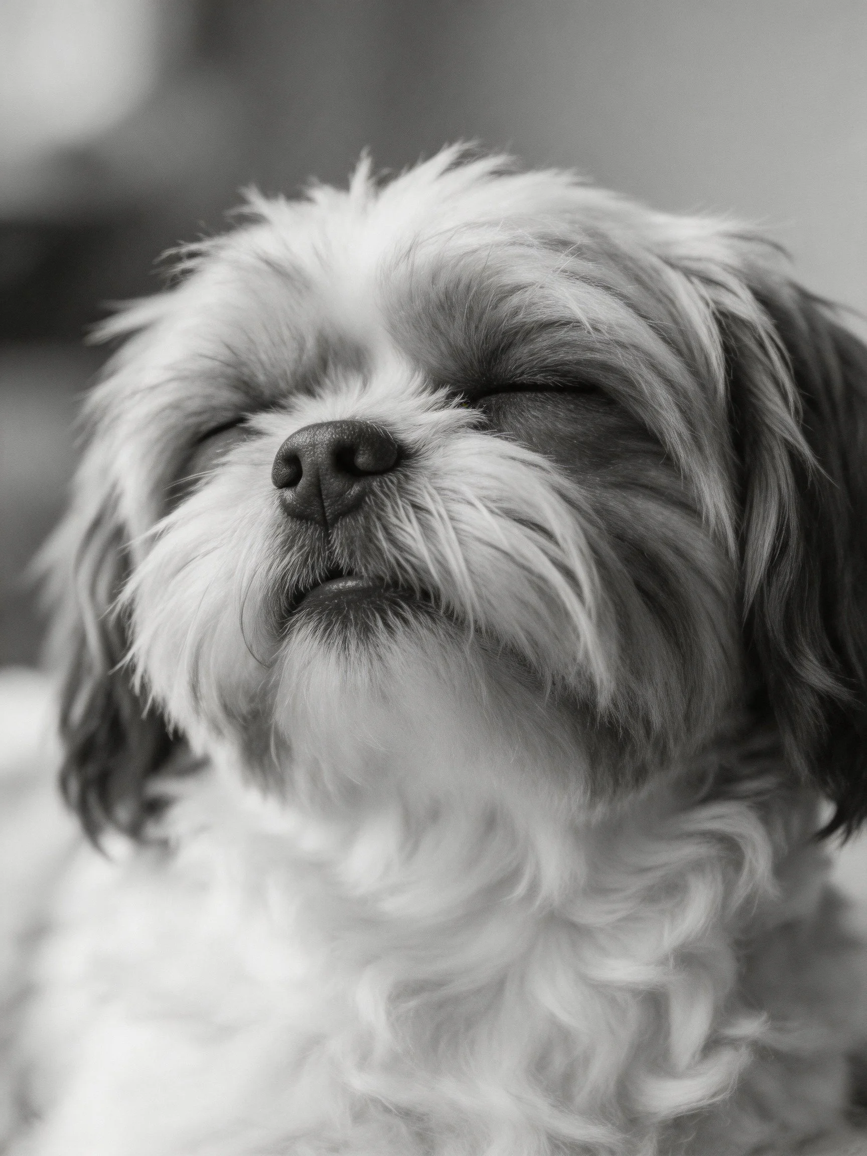 A small dog with long fur appears calm in a black and white photograph.
