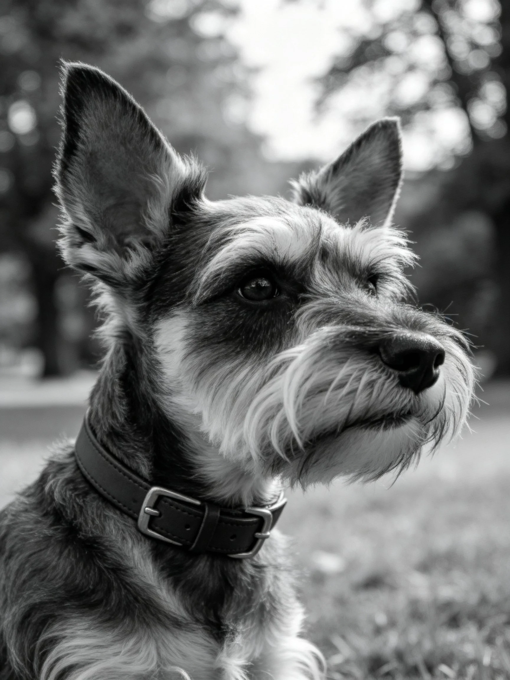 A close - up of a small dog with upright ears wearing a leather collar