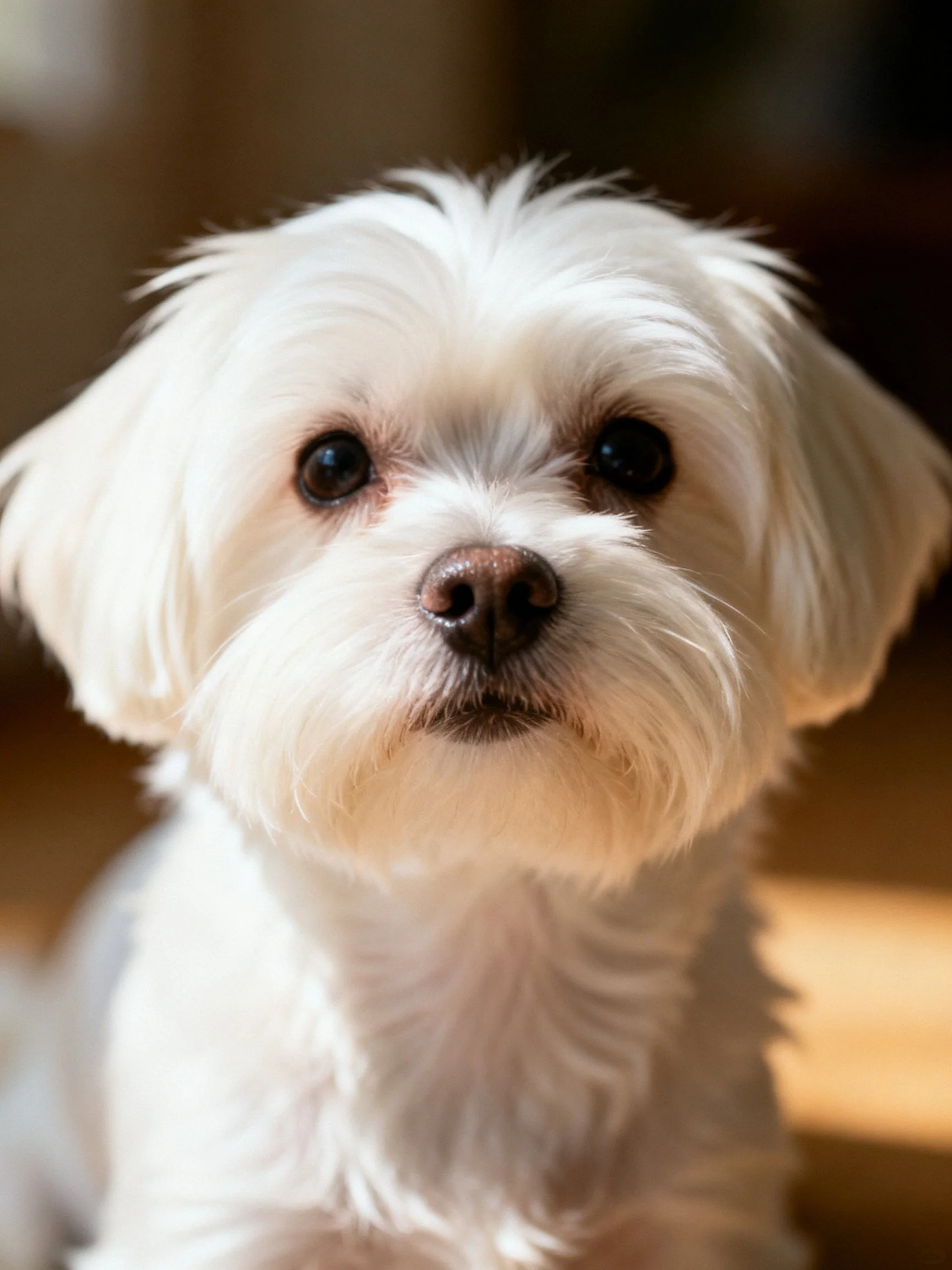 A small white fluffy dog looks directly into the camera with large dark eyes.