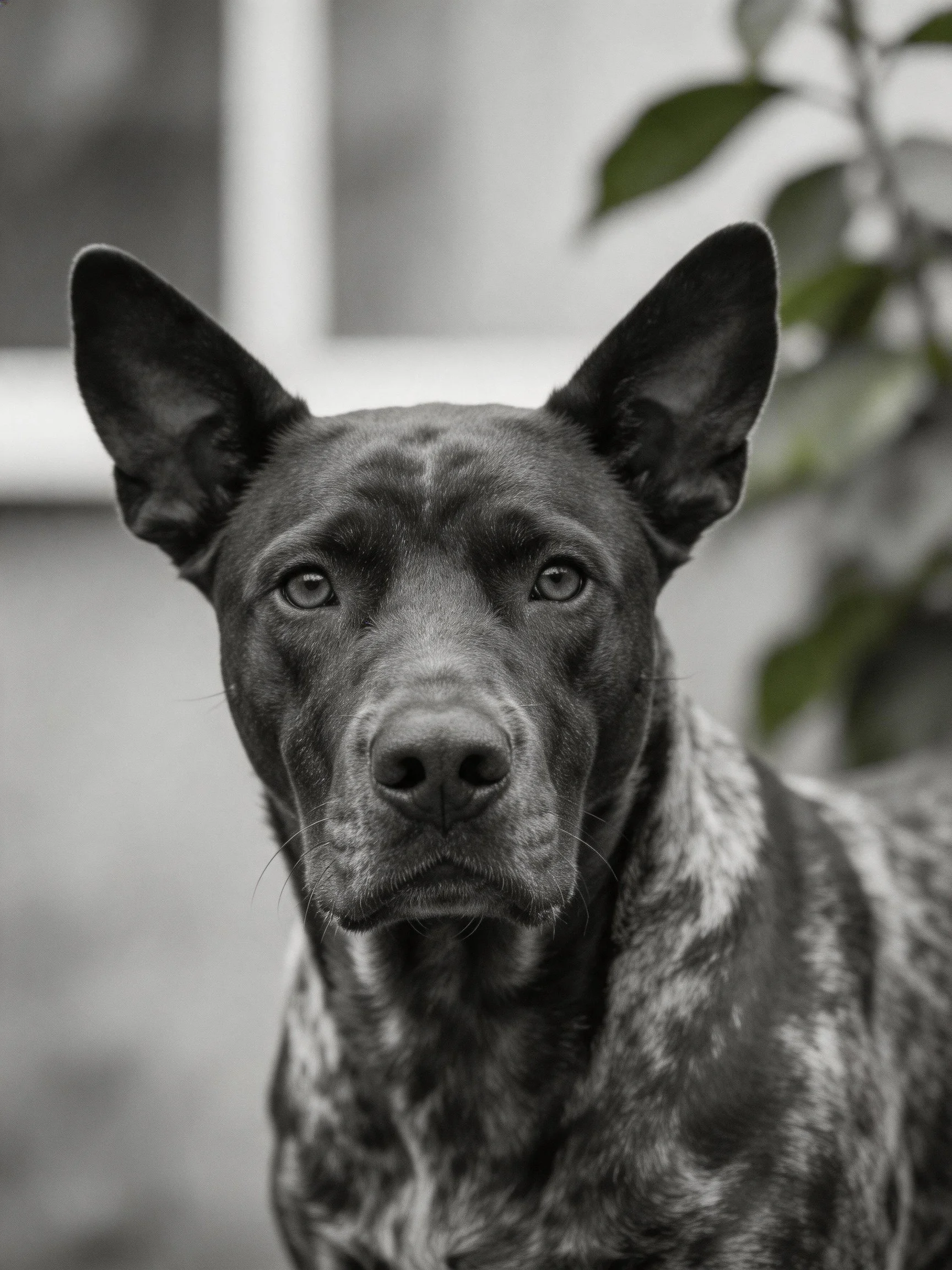 A close-up of a speckled black and gray dog with an alert expression.