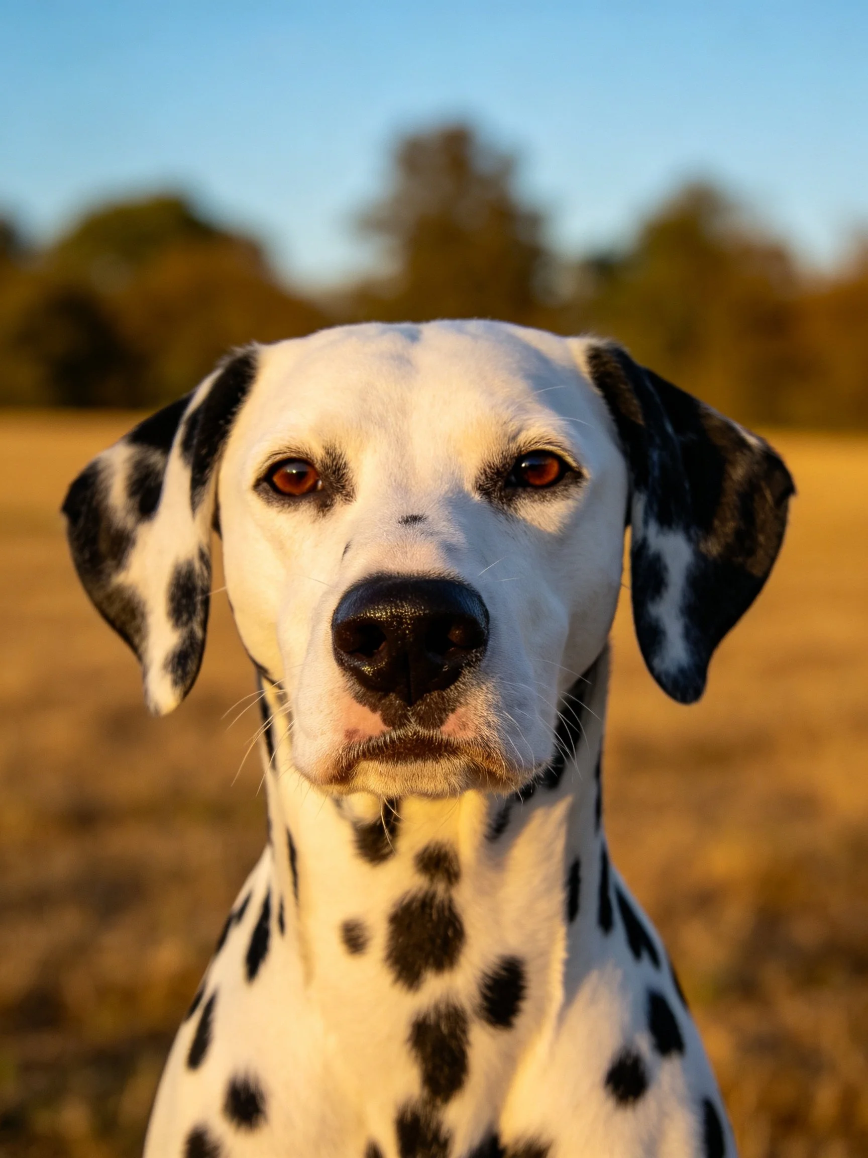 A close-up of a spotted Dalmatian dog in a golden field