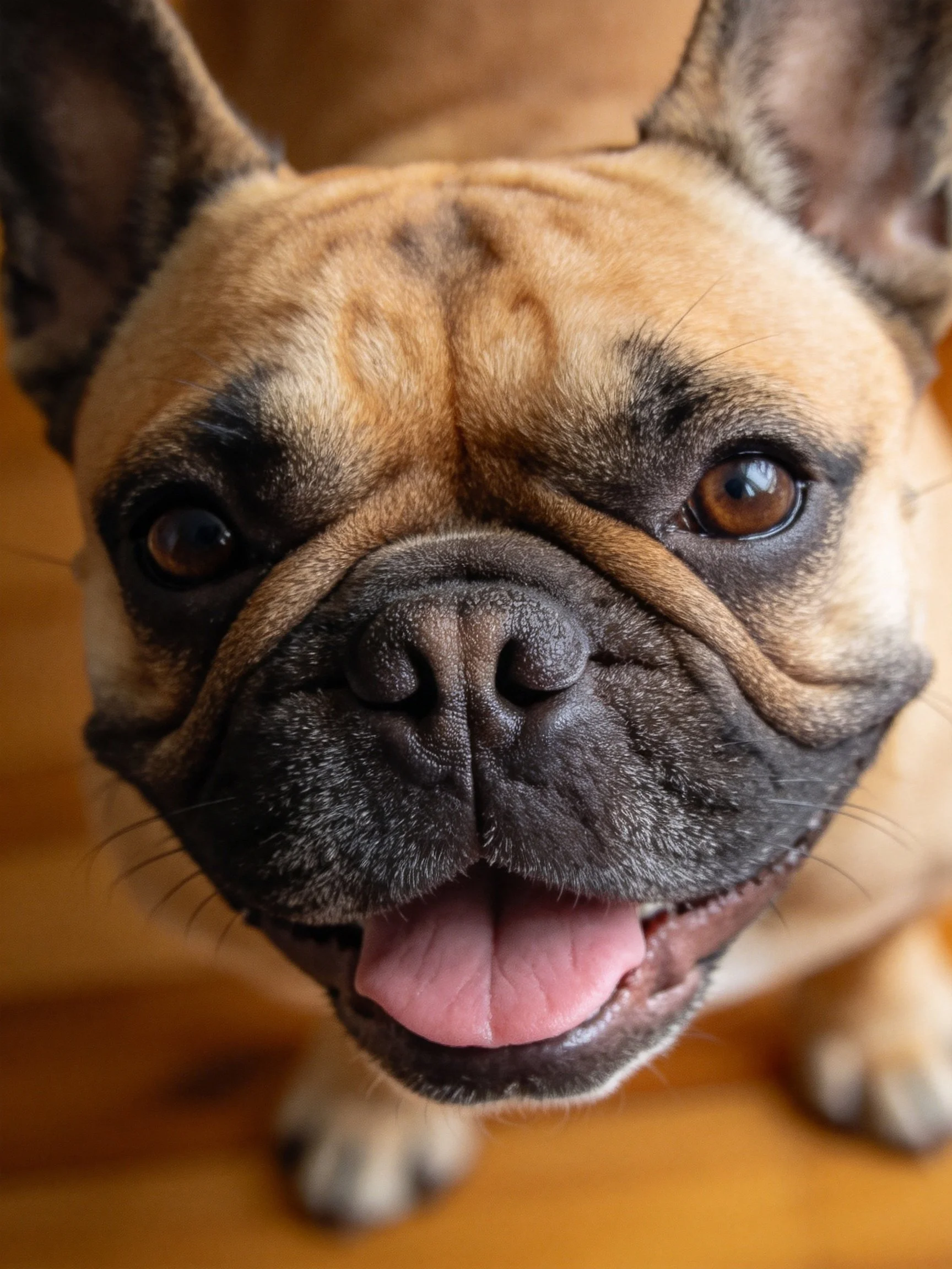 A close - up of a tan French bulldog with dark facial markings