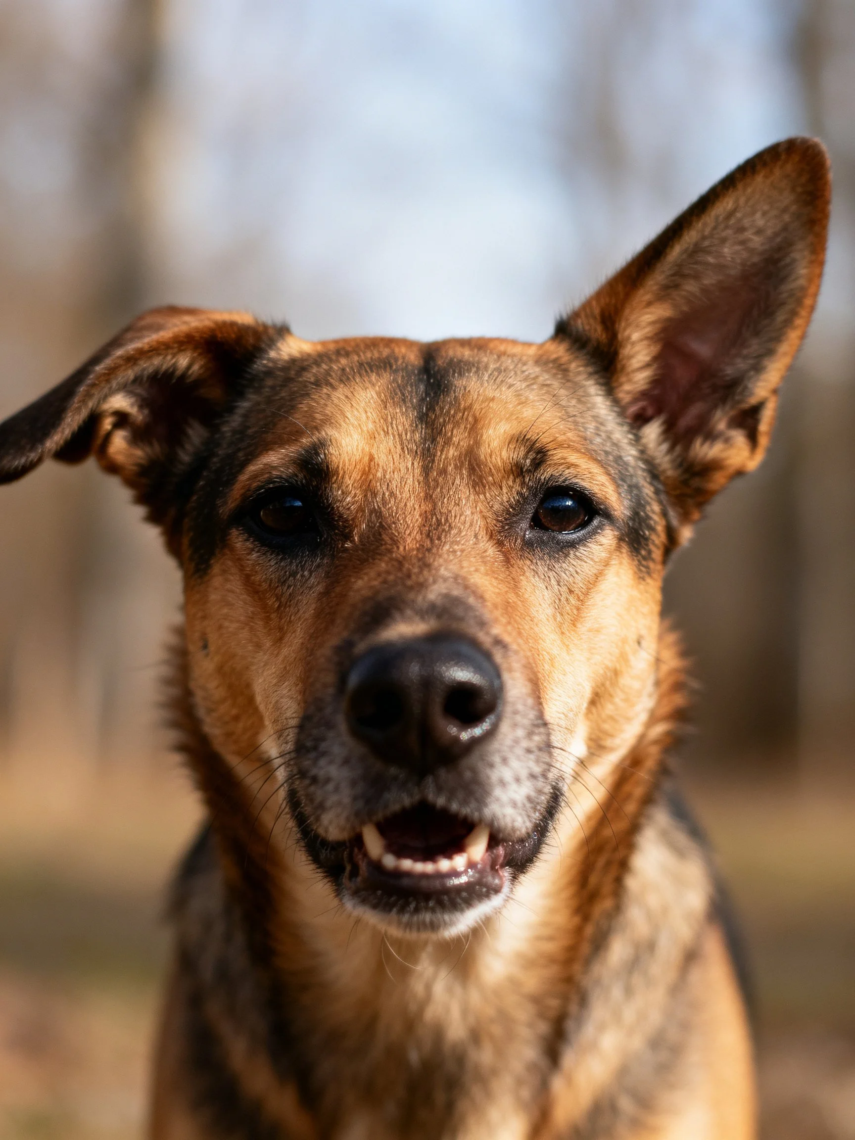 A close-up of a tan and black mixed-breed dog with an alert expression outdoors.