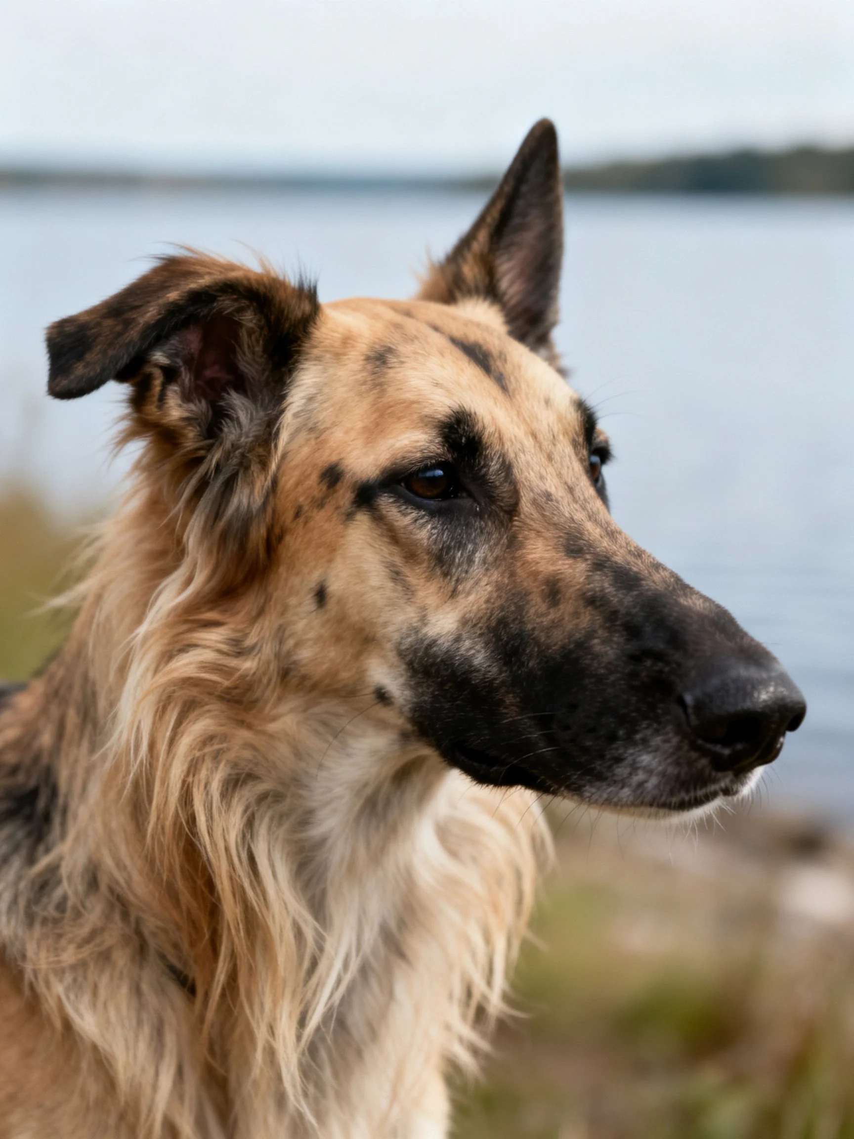 A tan and black spotted dog gazes contemplatively near calm waters.