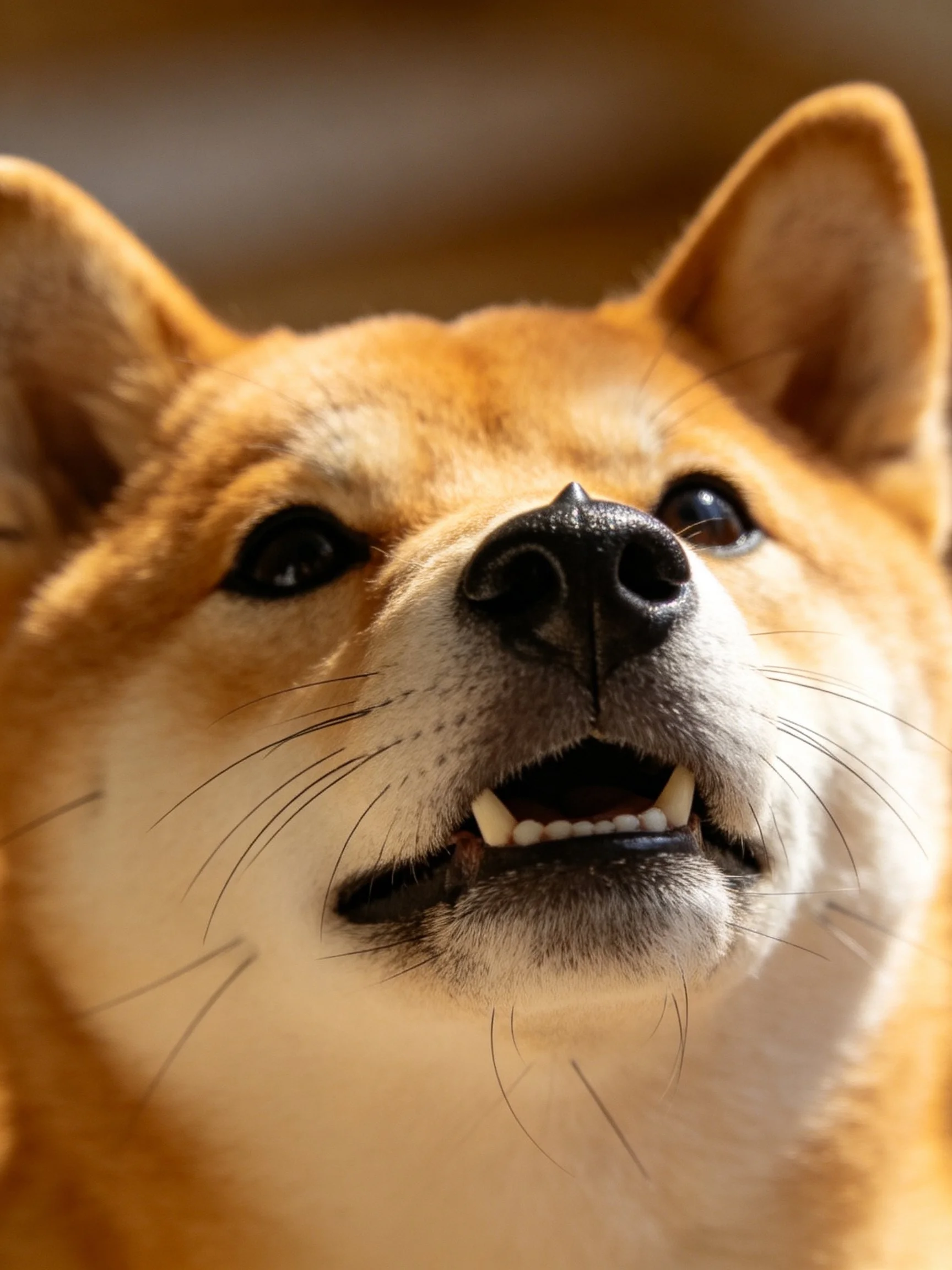 A close - up of a tan and white Shiba Inu with upright ears
