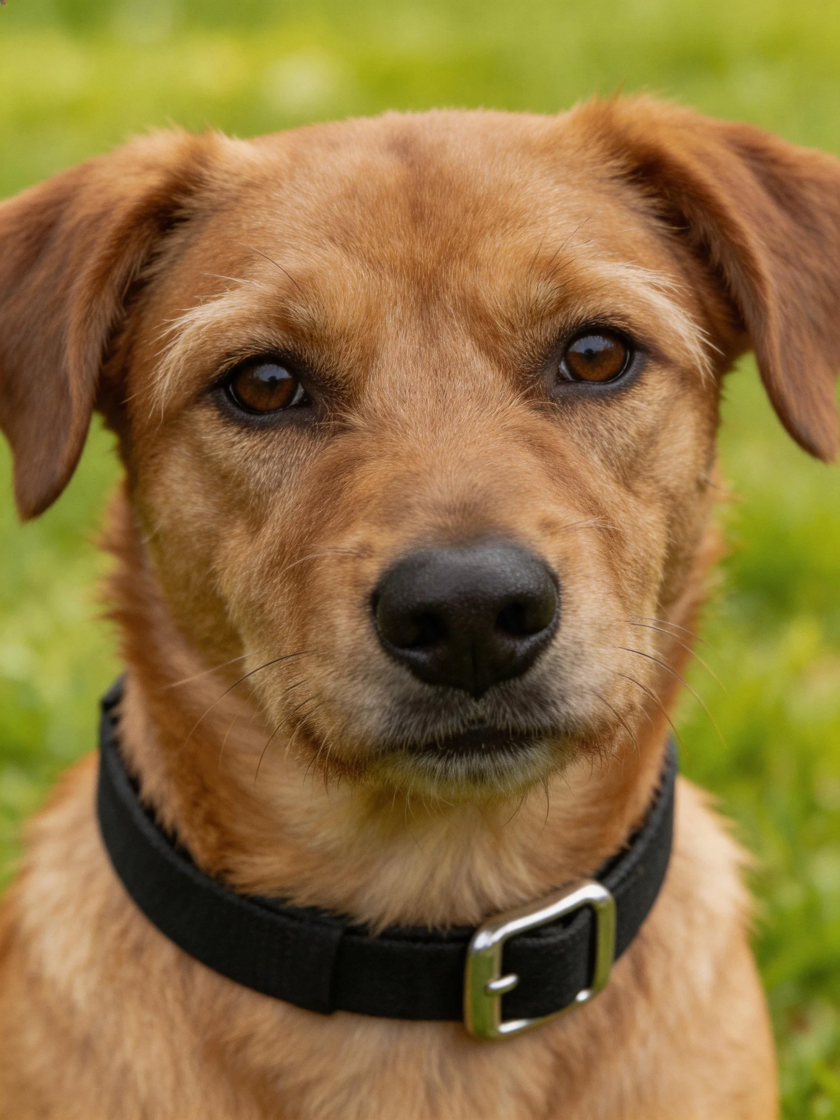 A tan dog with a black collar is photographed up close near greenery.