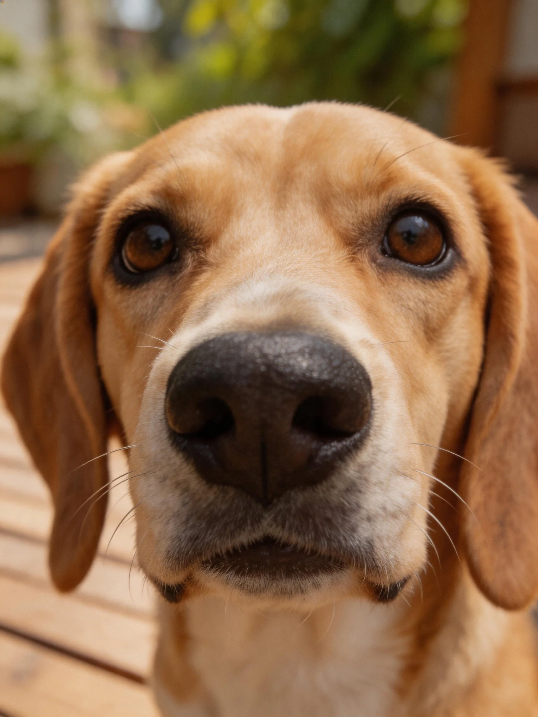 A tan dog gazes directly at the camera with large brown eyes.
