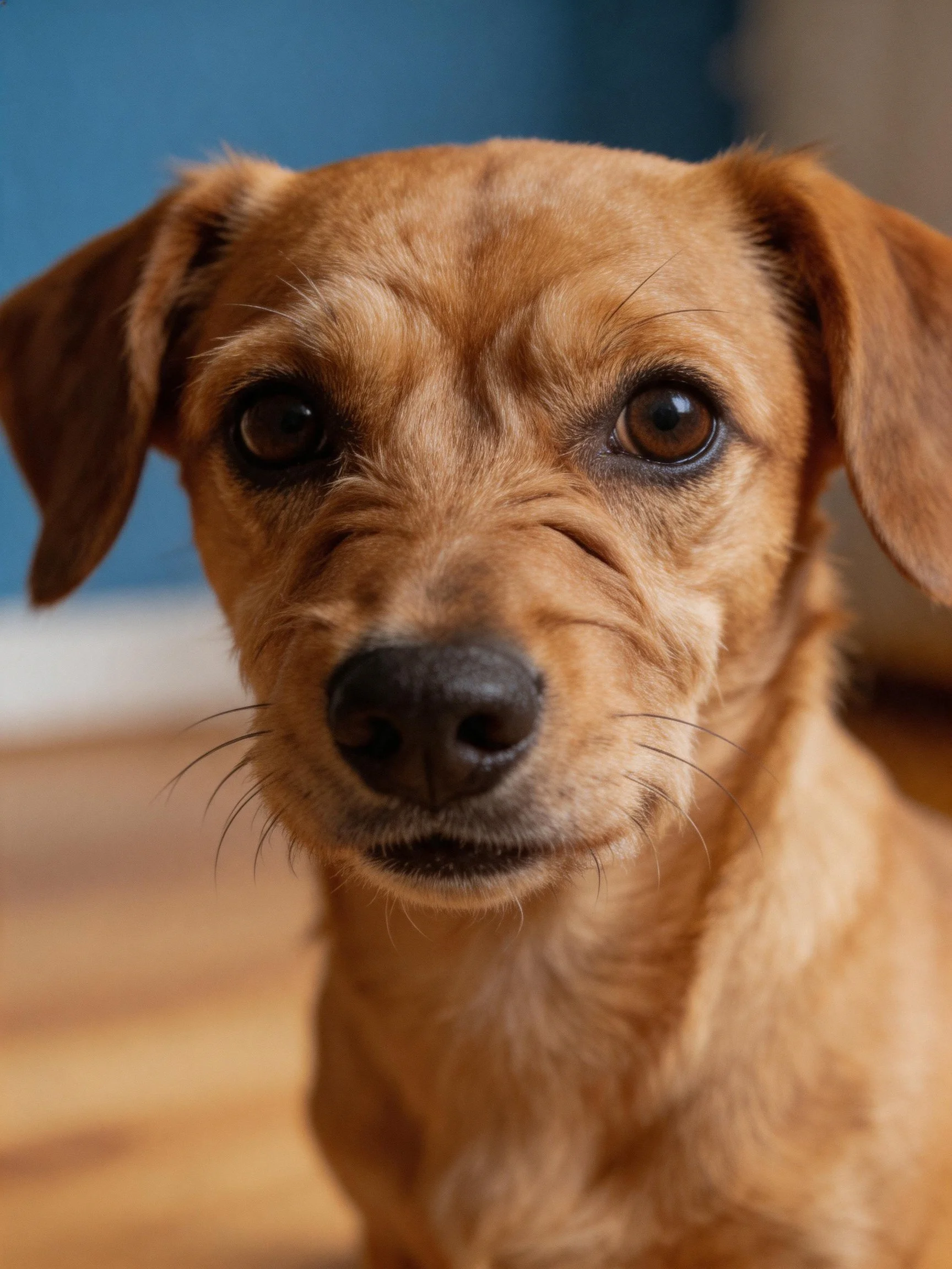 A tan dog looks directly at the camera with large ears.