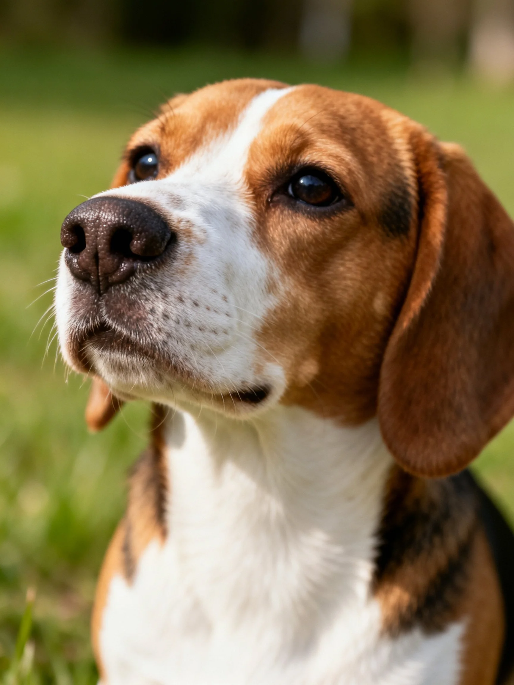 A close - up of a tricolor beagle gazing upward outdoors