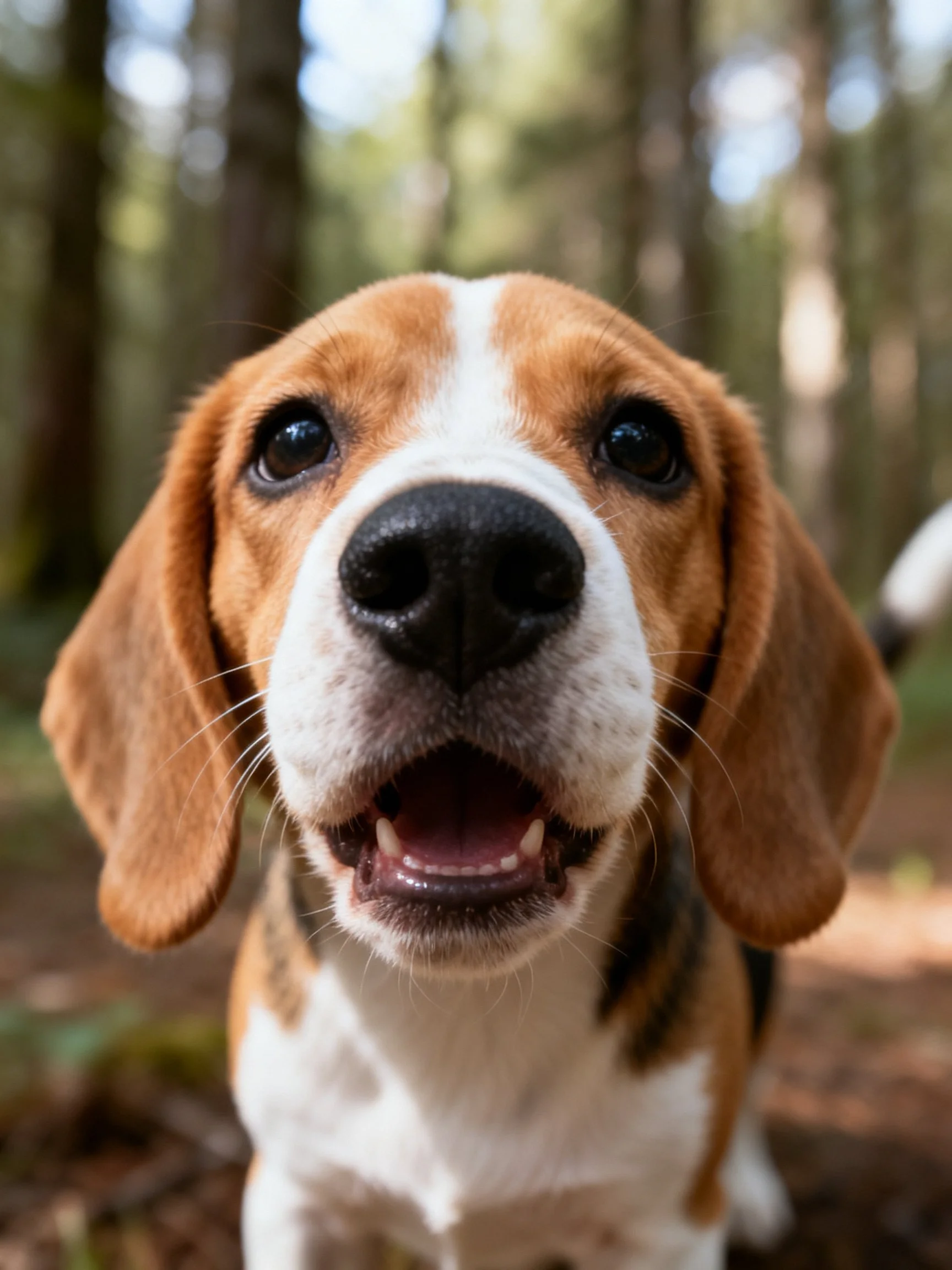 A close - up of a tricolor beagle in a sunlit forest
