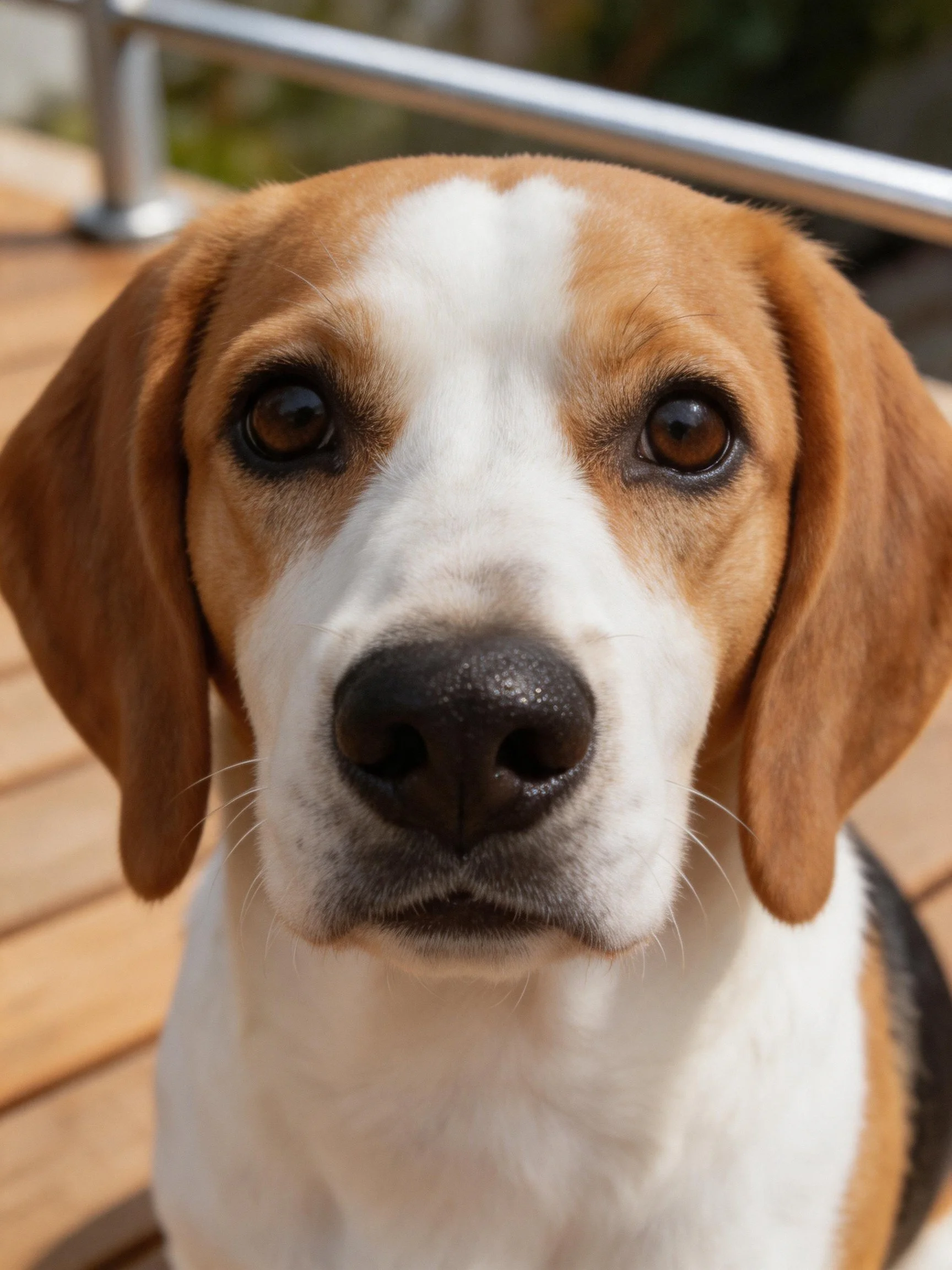 A close-up of a tricolor beagle with large brown ears.