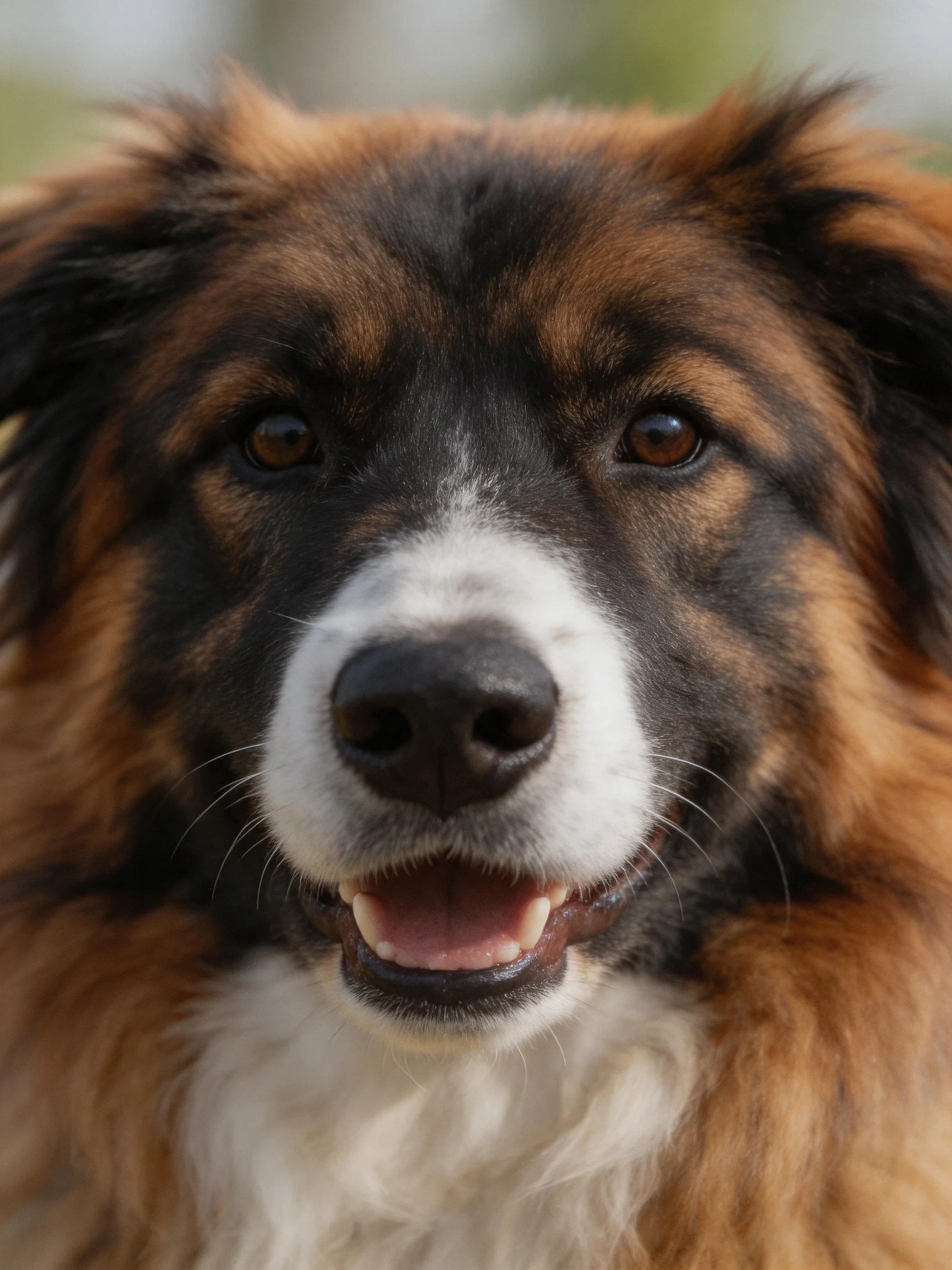A tricolor-coated dog with expressive eyes is shown in a close-up photograph.