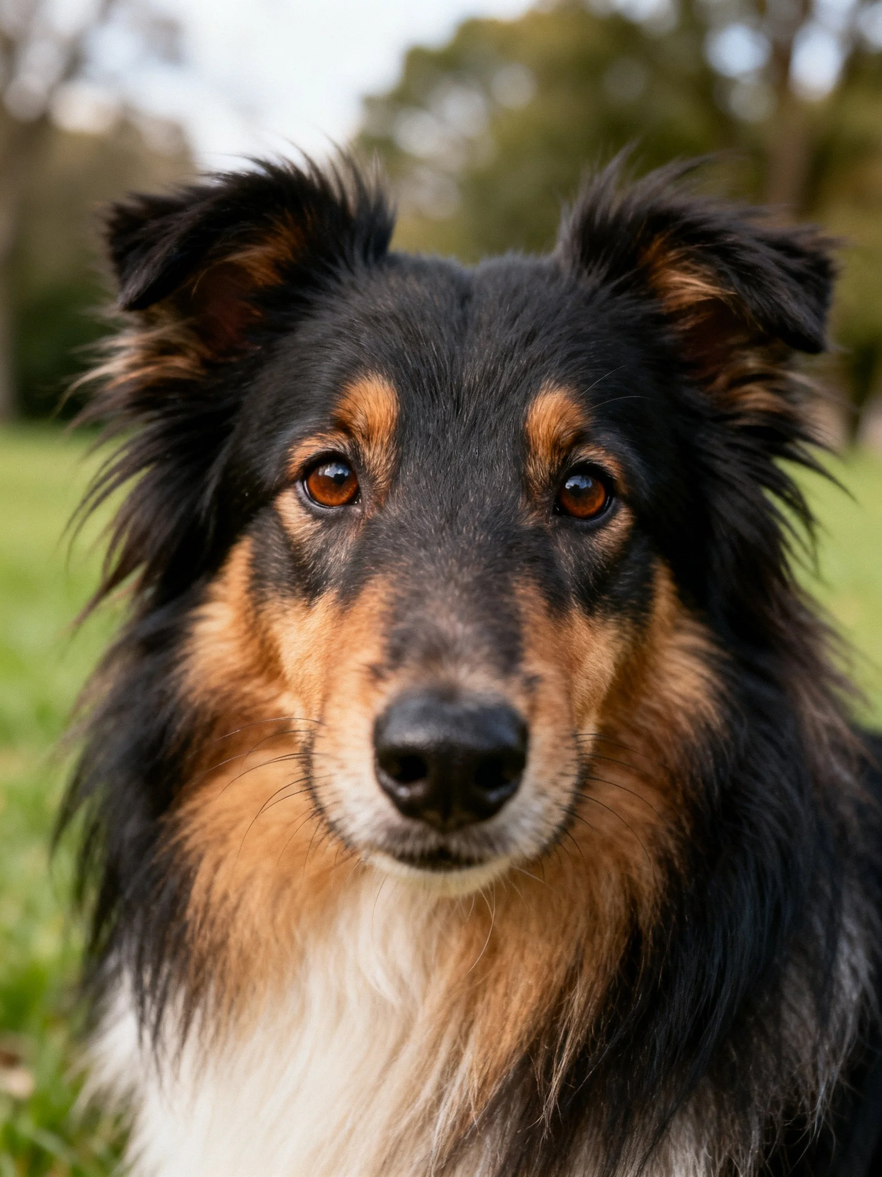 A tricolor collie is photographed up close outdoors.
