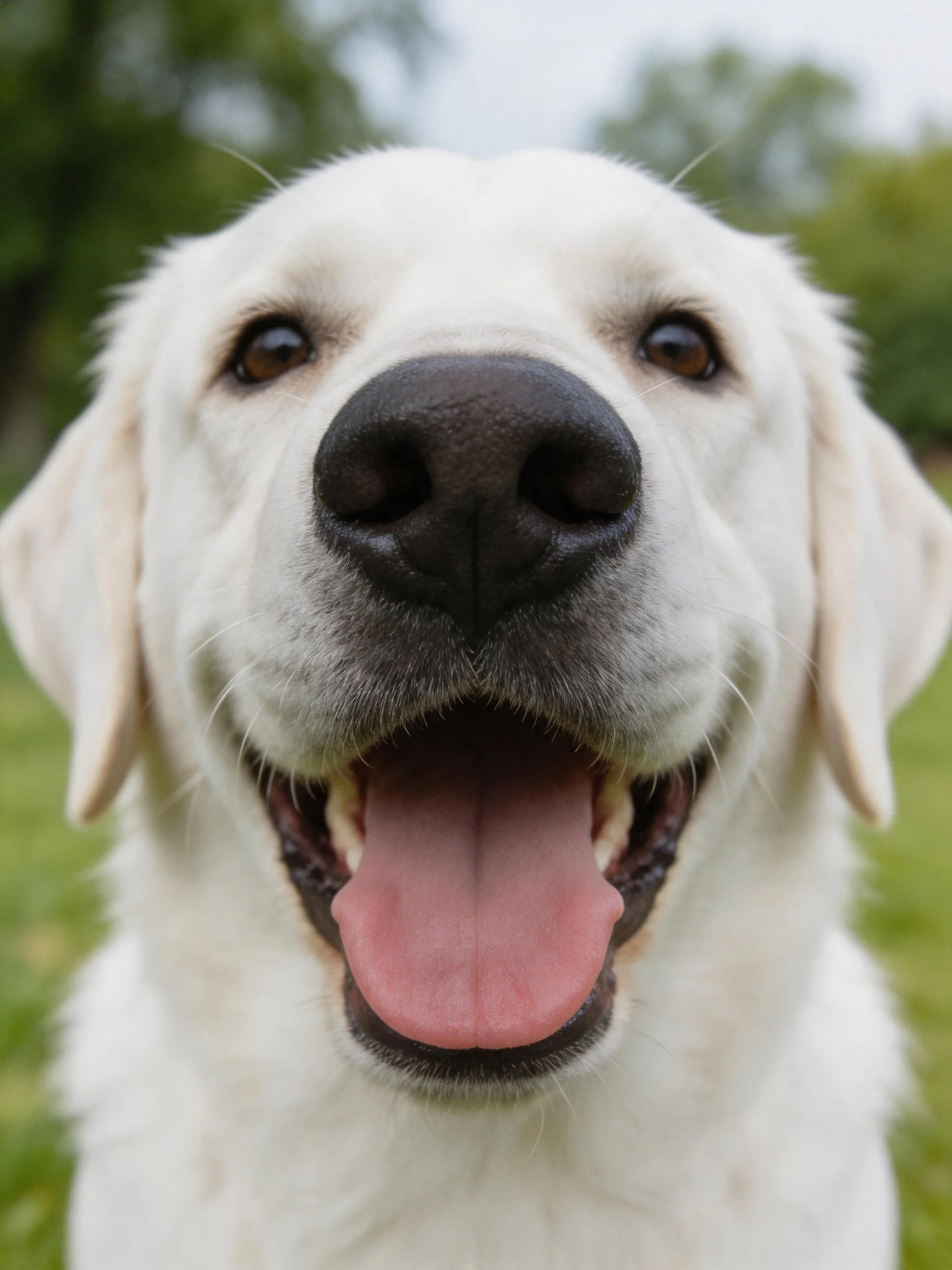 A white Labrador Retriever smiles joyfully with its mouth open outdoors.