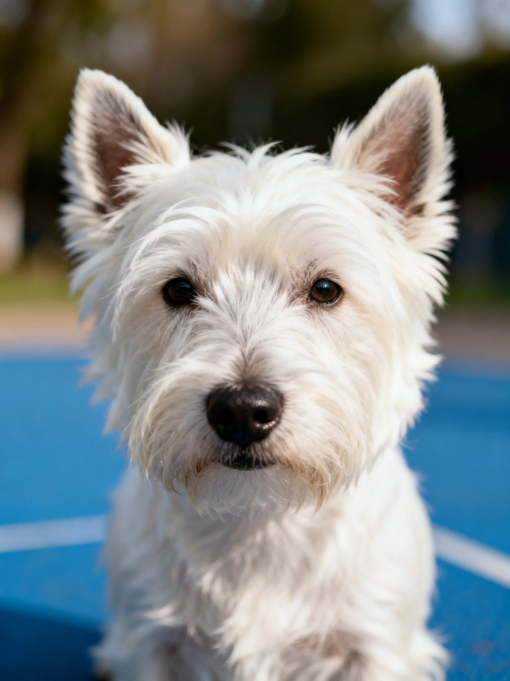 A close - up of a white West Highland White Terrier on a blue surface