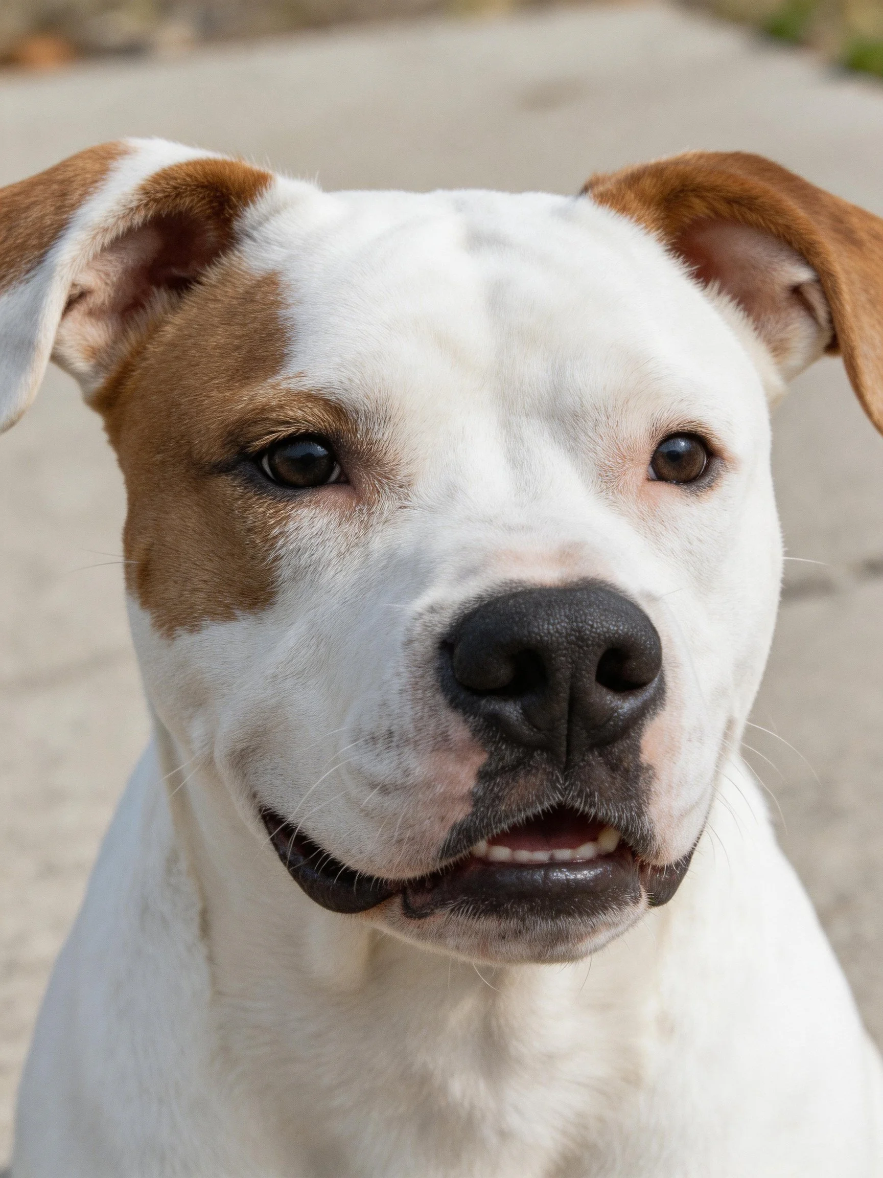 A close - up shows a white and brown dog with floppy ears.