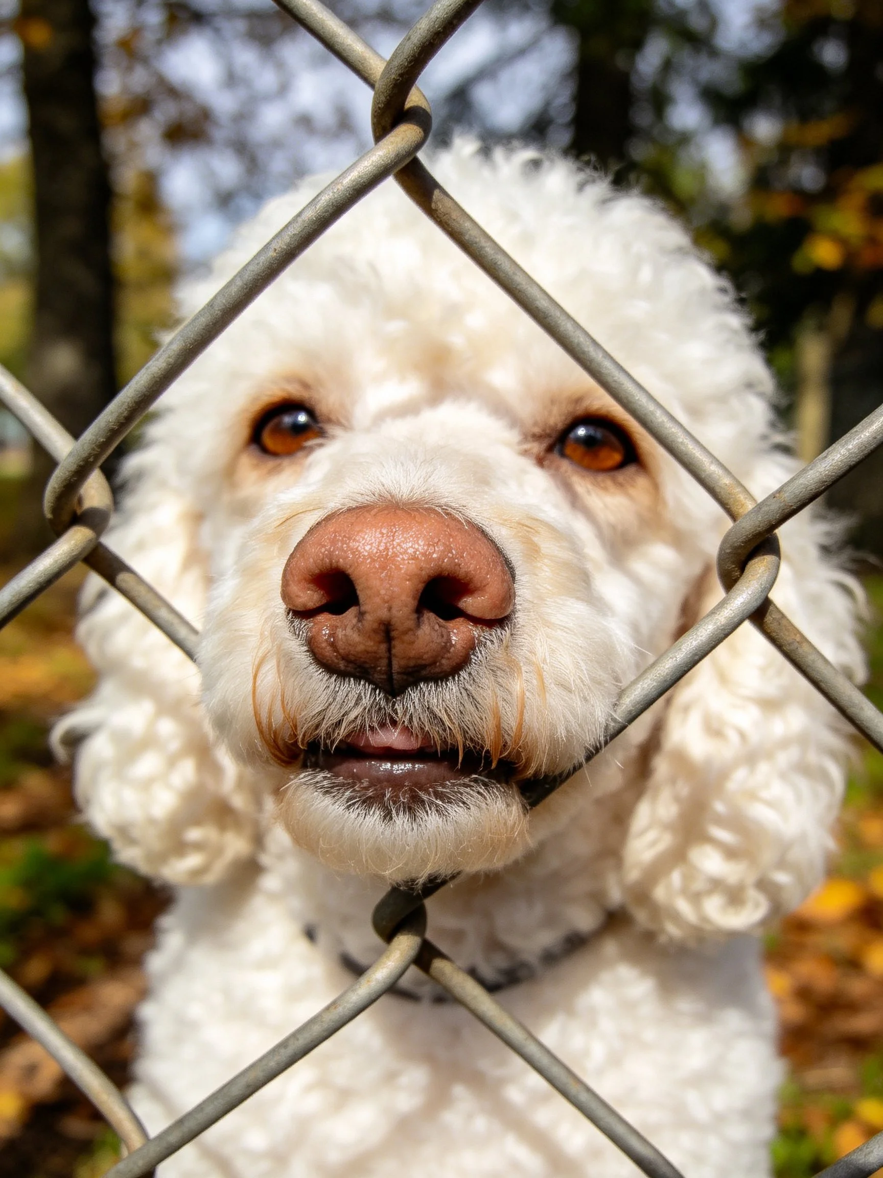 A white curly - haired dog looks directly at the camera from behind a chain - link fence.
