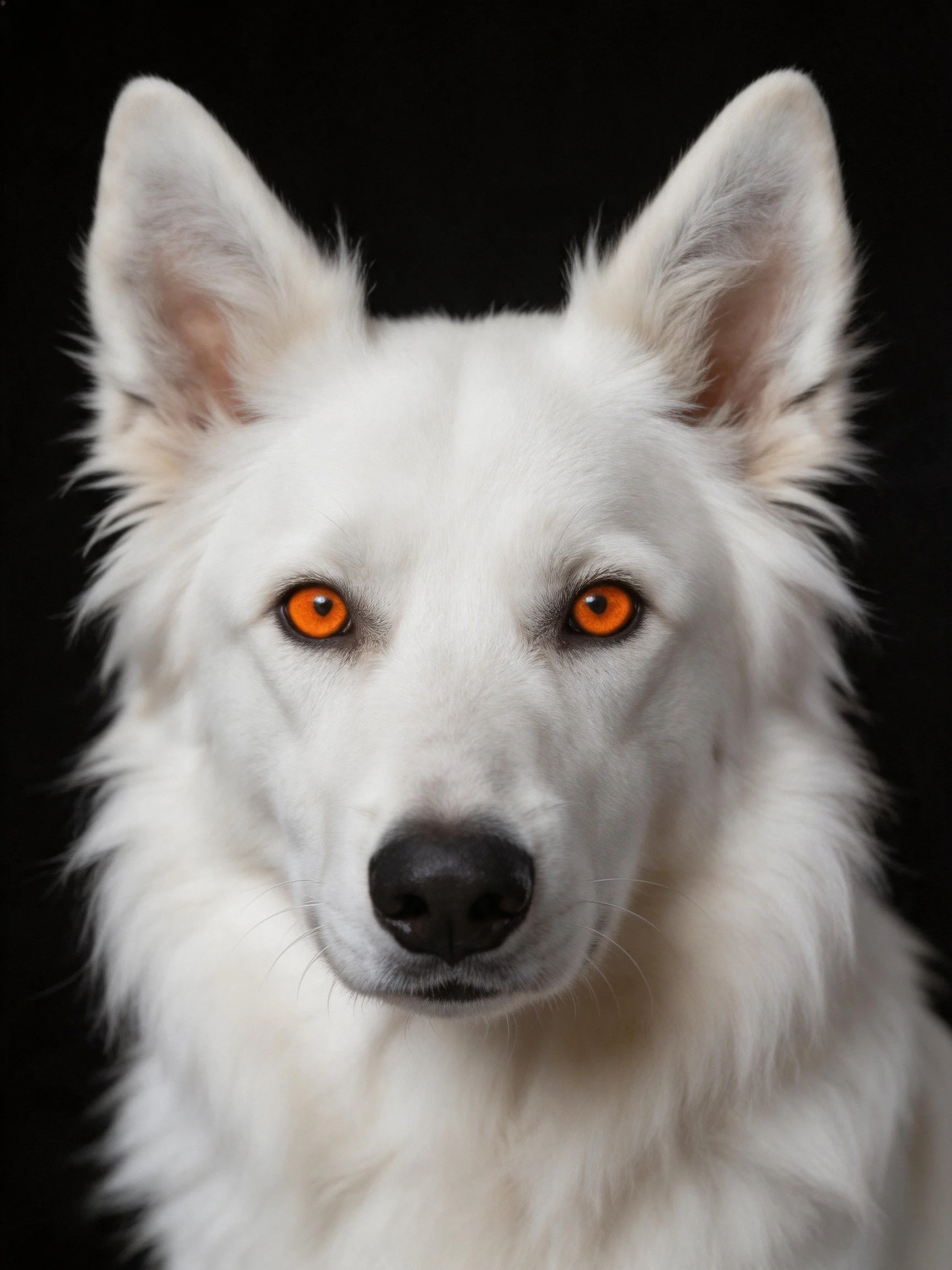 A white-furred dog with bright orange eyes is photographed against a black background.