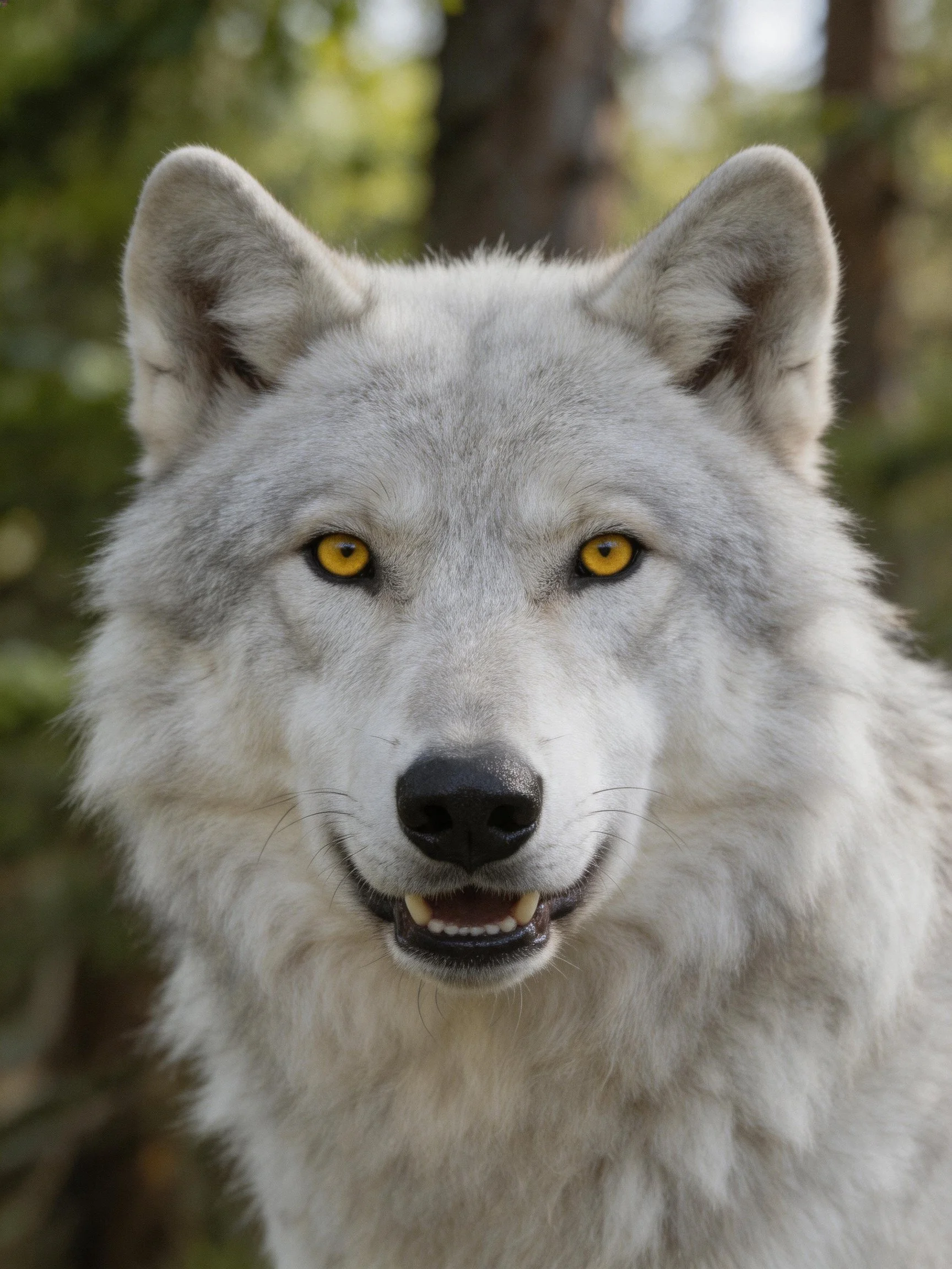 A white wolf with striking yellow eyes is shown in a forest setting.