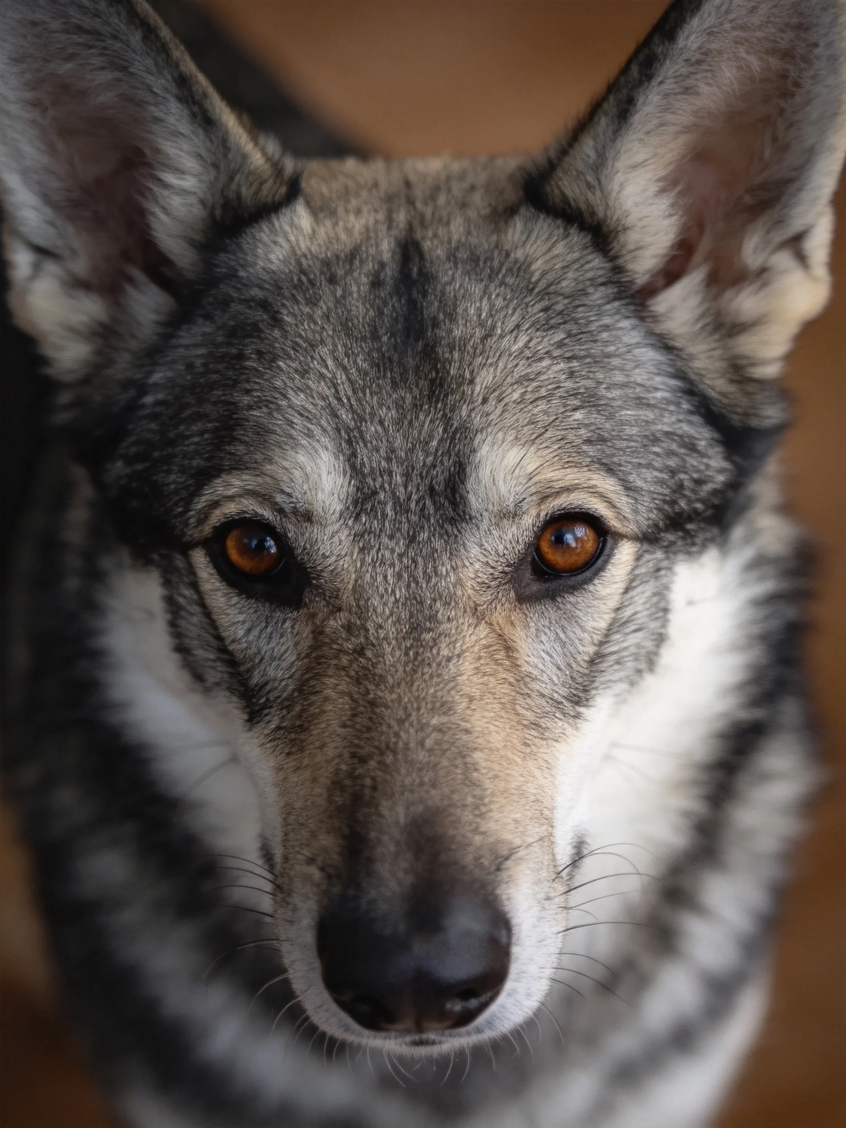 A close-up of a wolf-like dog with gray, white, and brown fur