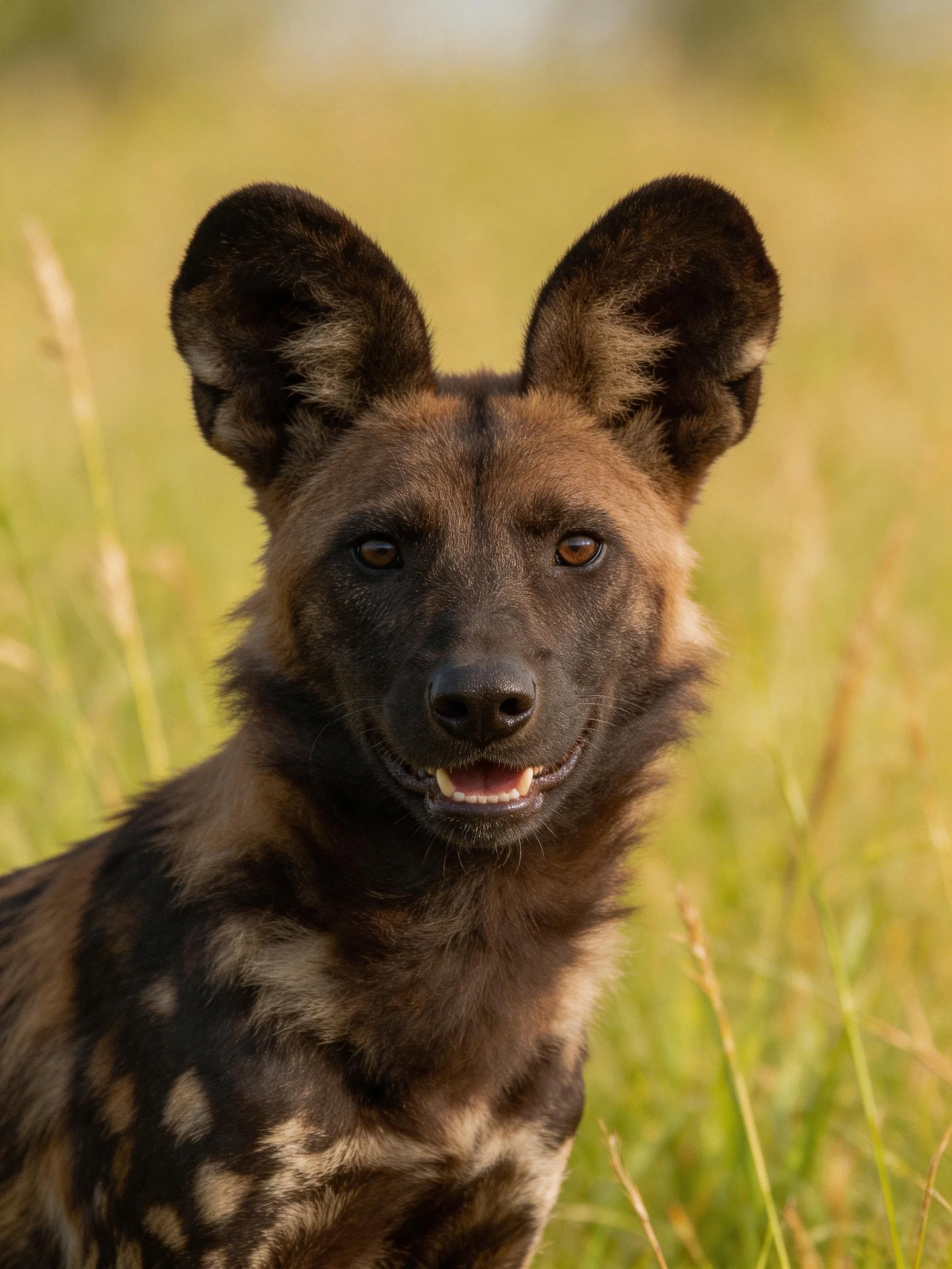 An African wild dog is photographed in a grassland setting.