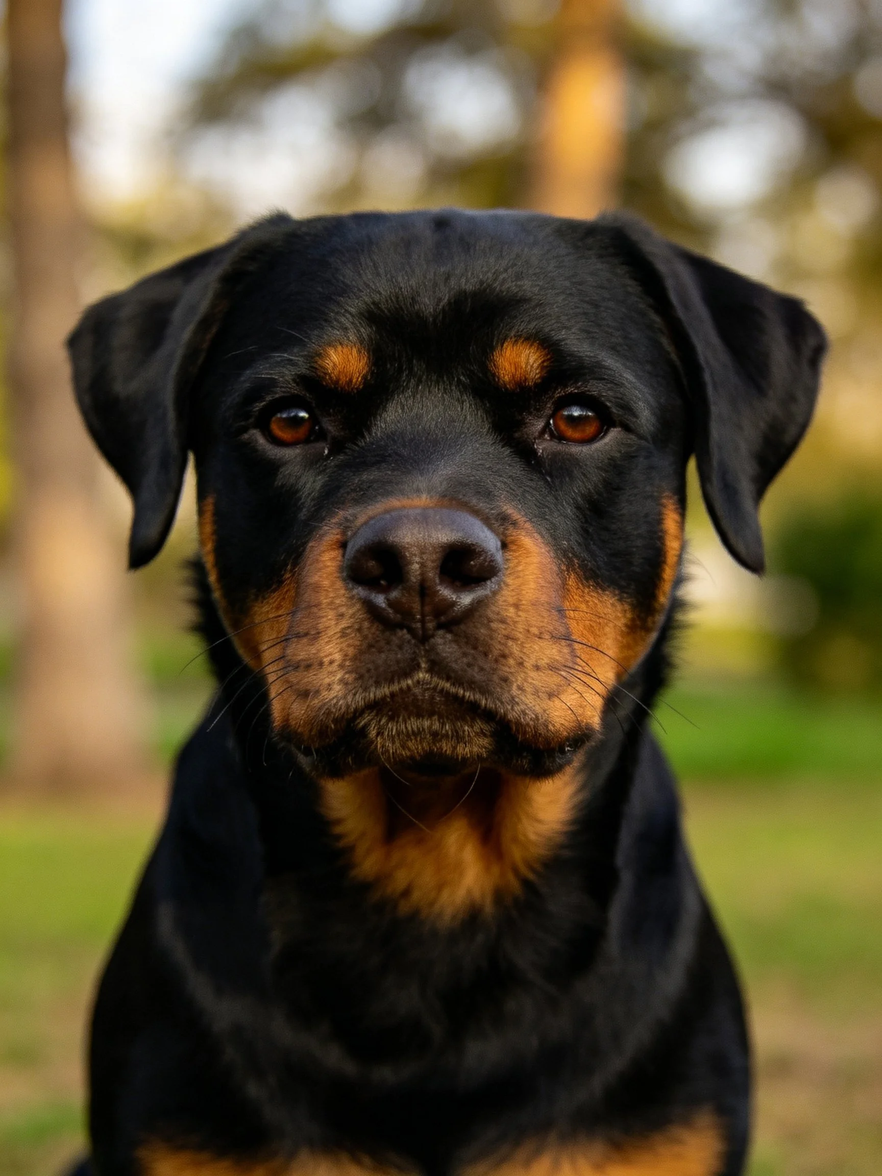 A close - up portrait of a black and tan Rottweiler in a natural outdoor setting